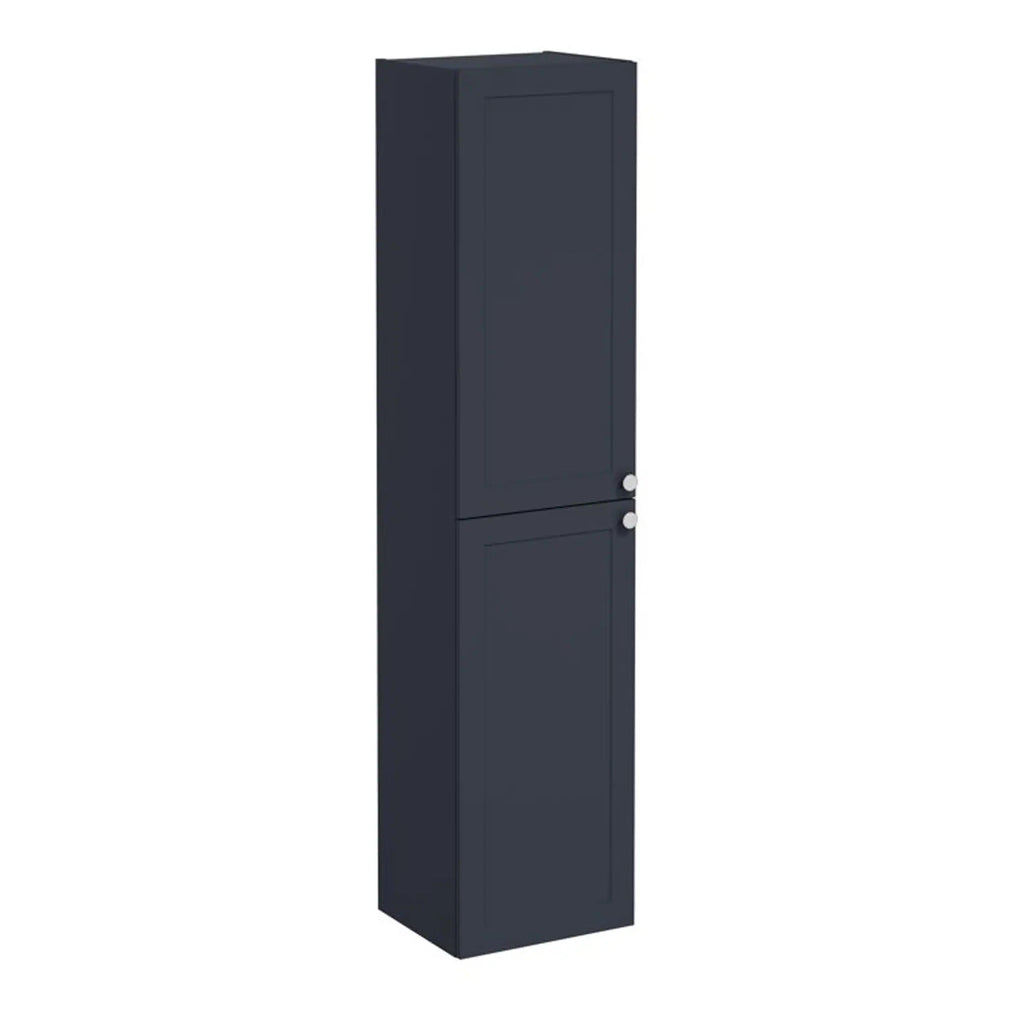 Modern navy blue bathroom tall storage cabinet with two doors and silver knobs, ideal for stylish bathroom storage solutions.
