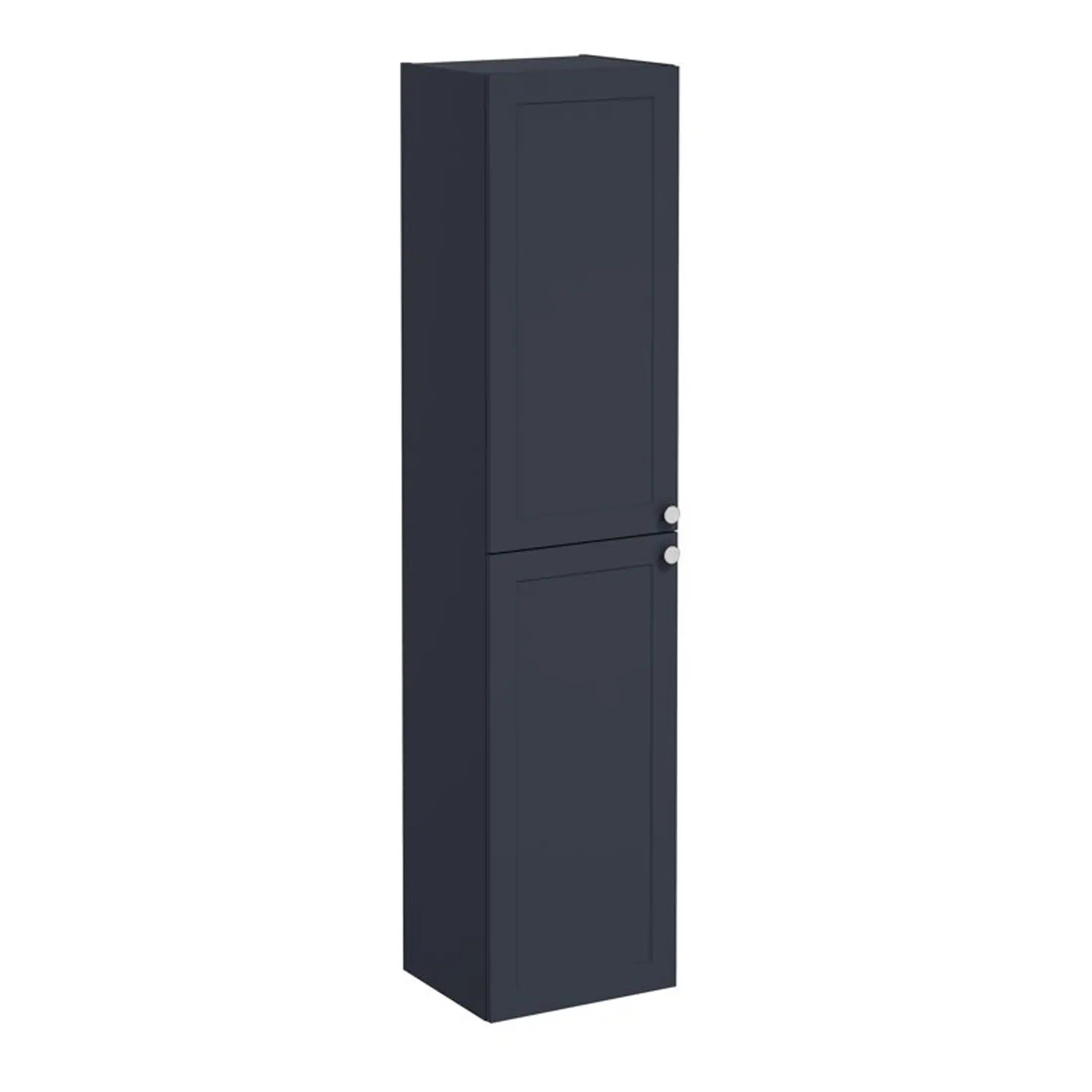 Modern navy blue bathroom tall storage cabinet with two doors and silver knobs, ideal for stylish bathroom storage solutions.