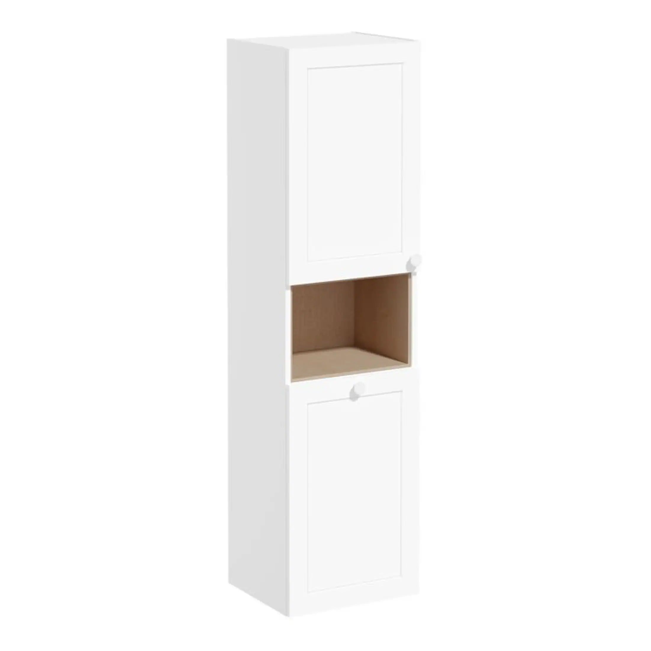 White modern bathroom storage cabinet with closed and open compartments for bathroom organisation and space saving.