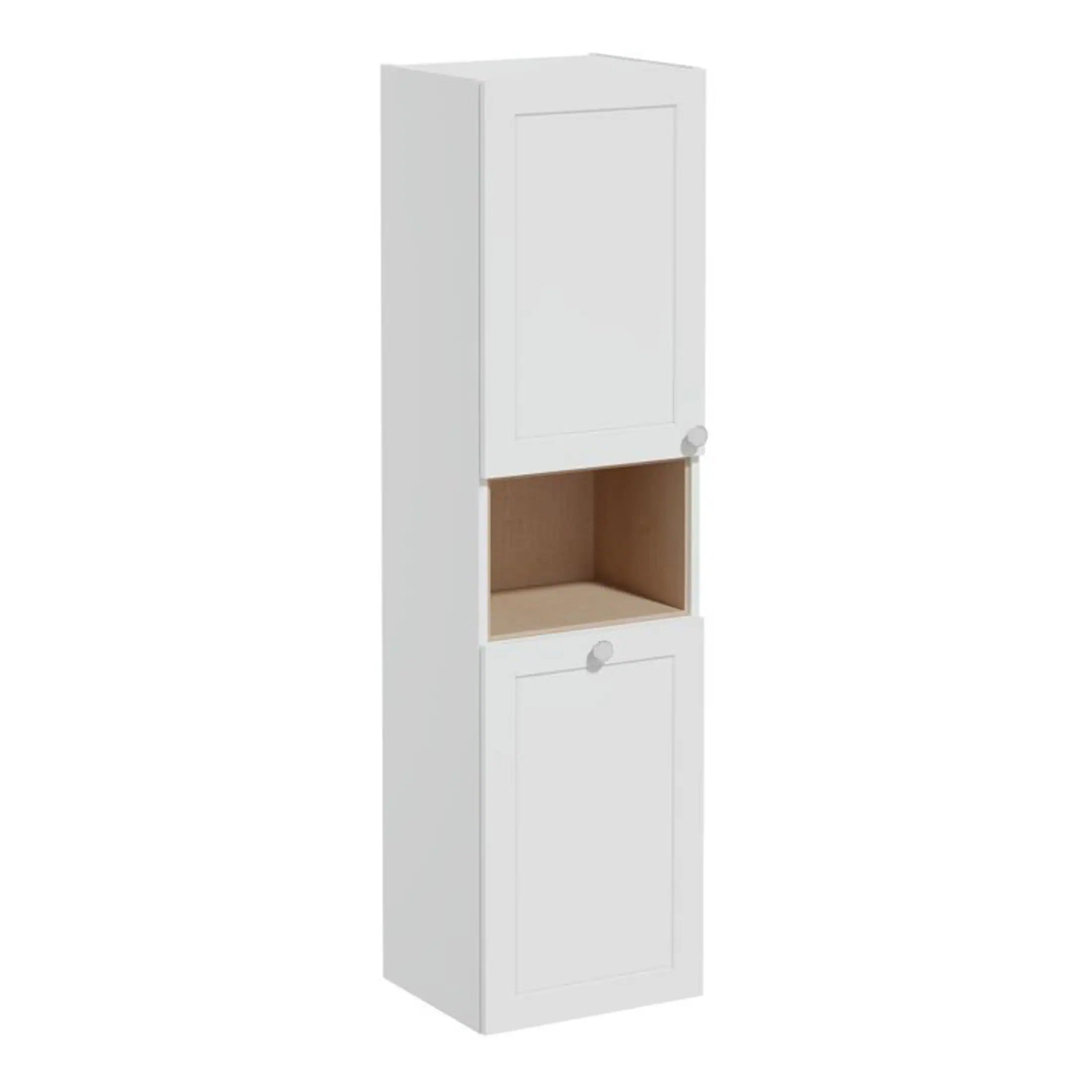 White bathroom storage cabinet with two doors and open shelf, ideal for organising toiletries and bathroom essentials. Stylish and functional storage solution by Bubly Bathrooms.