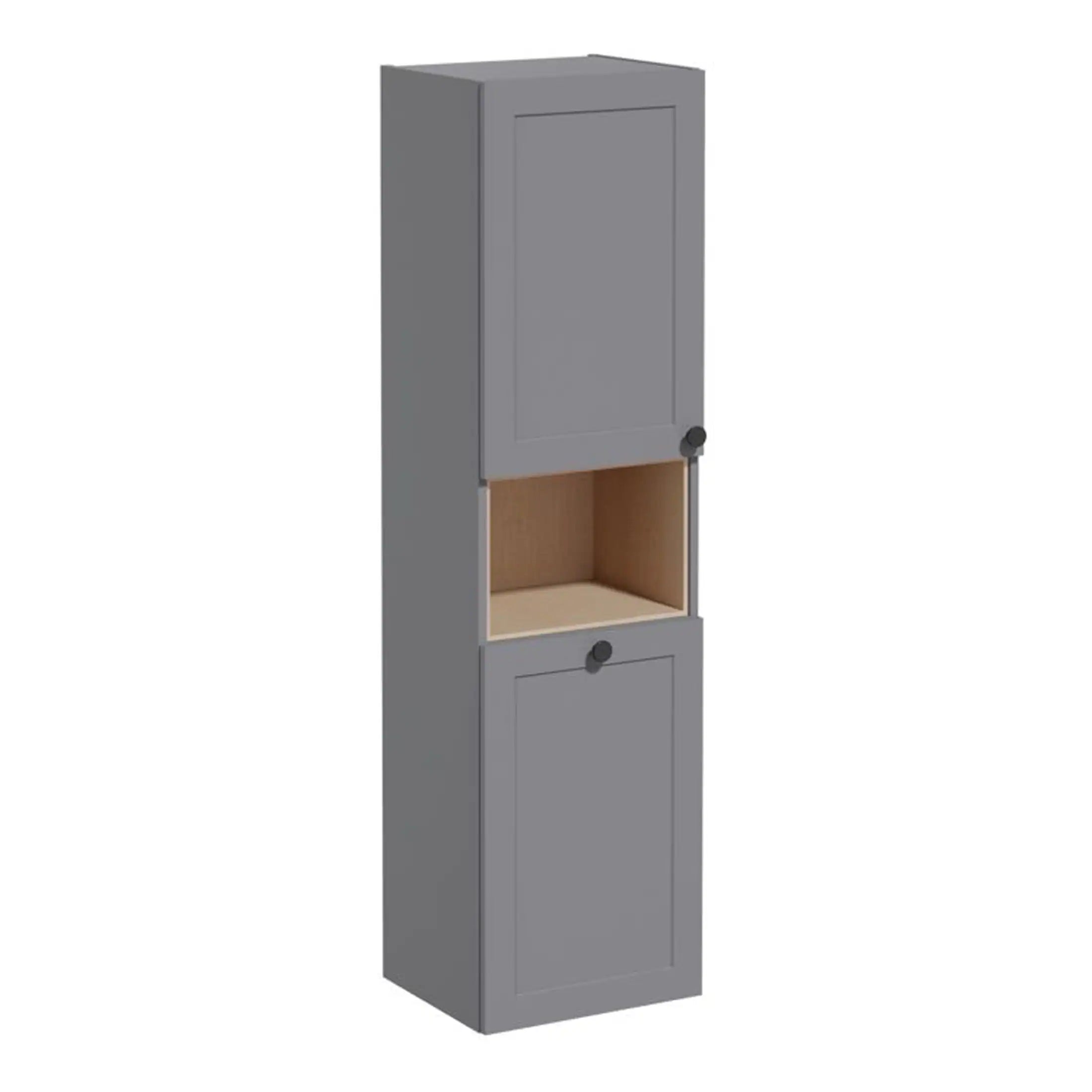 Grey bathroom storage cabinet with two doors and an open middle shelf, ideal for organising toiletries and bathroom essentials at Bubly Bathrooms.