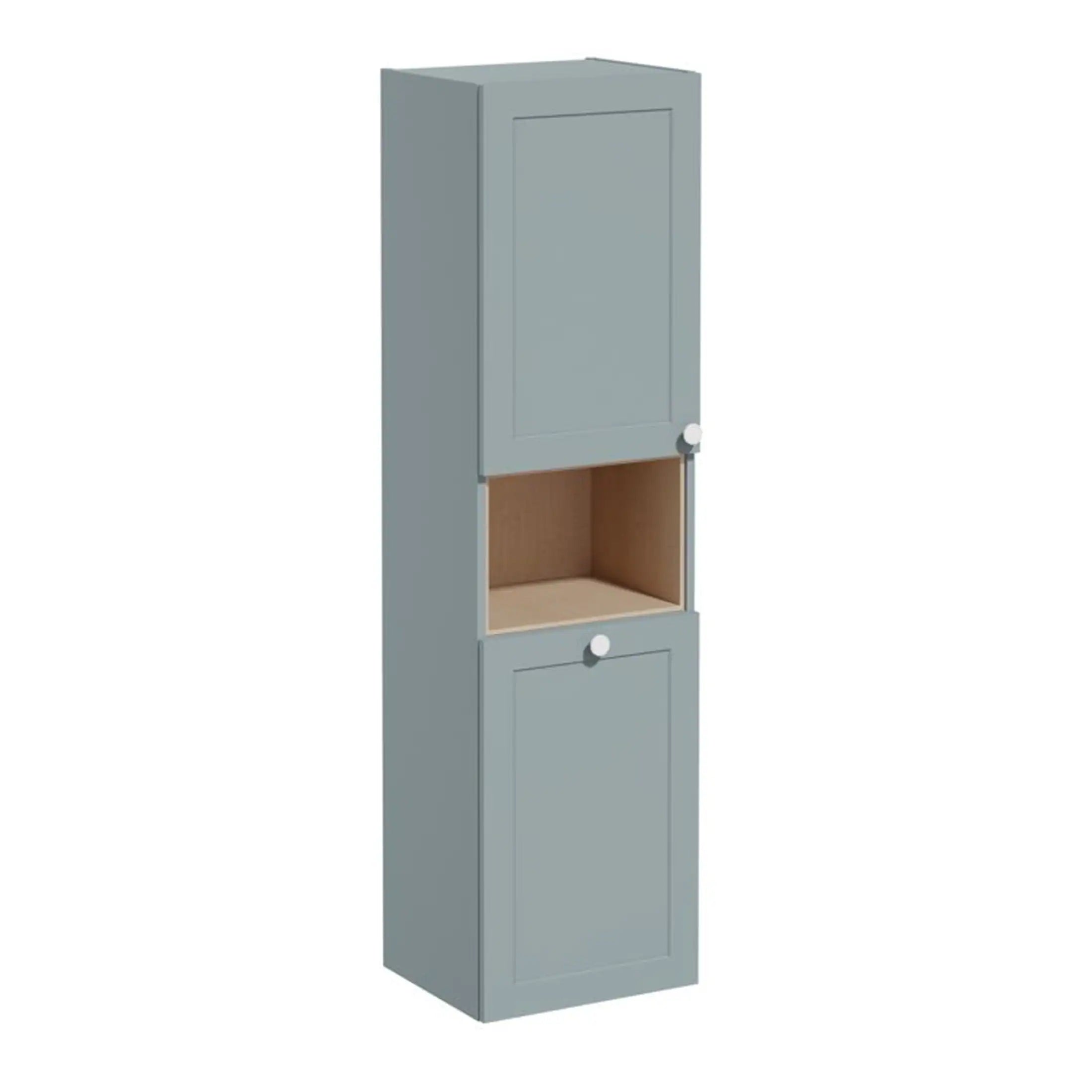 Foldable bathroom storage cabinet in soft grey, featuring two sections with doors and an open middle shelf, ideal for optimise bathroom organisation and space.