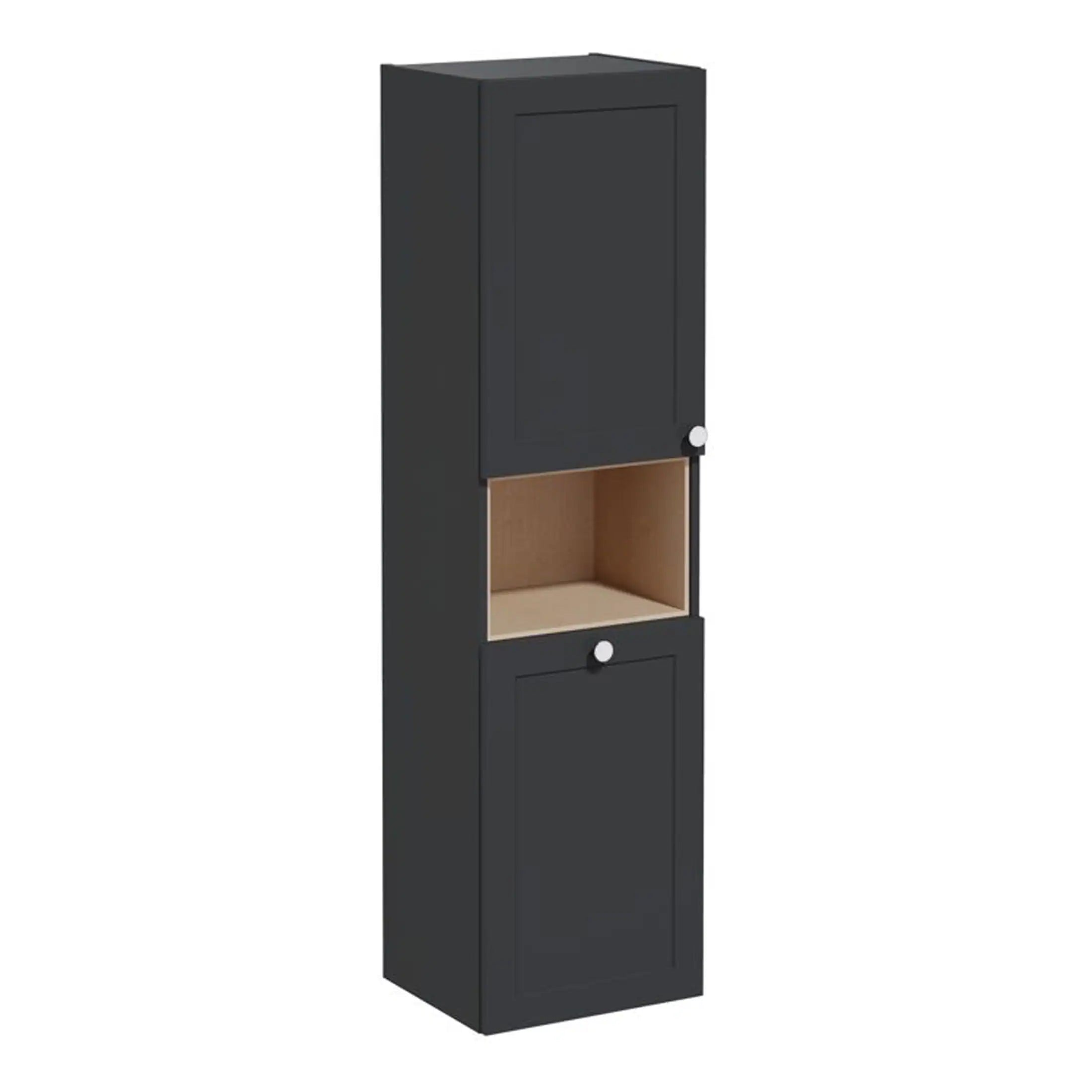 Modern black bathroom storage cabinet with open shelf and cupboard for bathroom organisation and storage solutions.