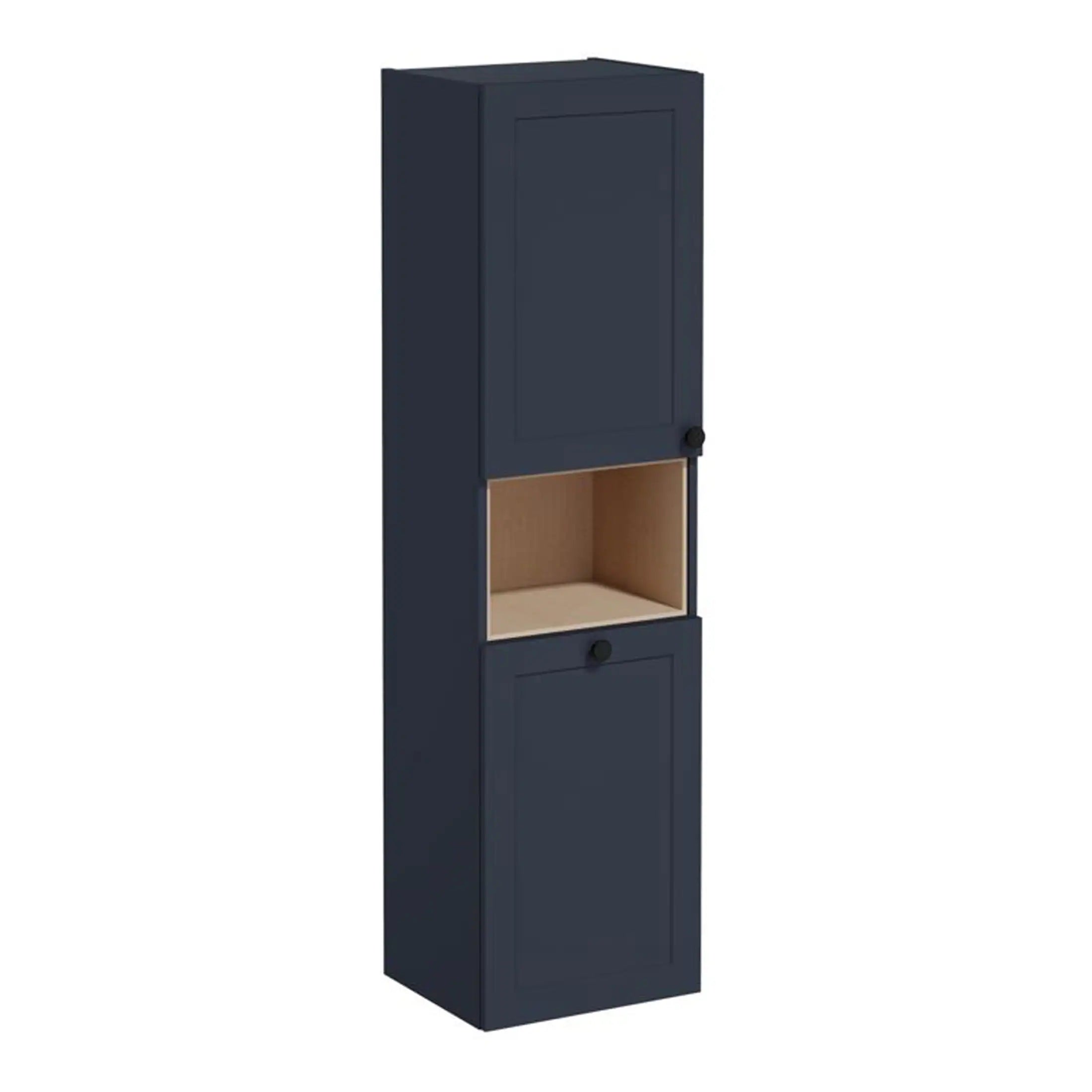 Blue bathroom storage cabinet with open shelf for toiletries and closed compartments for organisation. Perfect addition to modern bathrooms for stylish storage solutions.