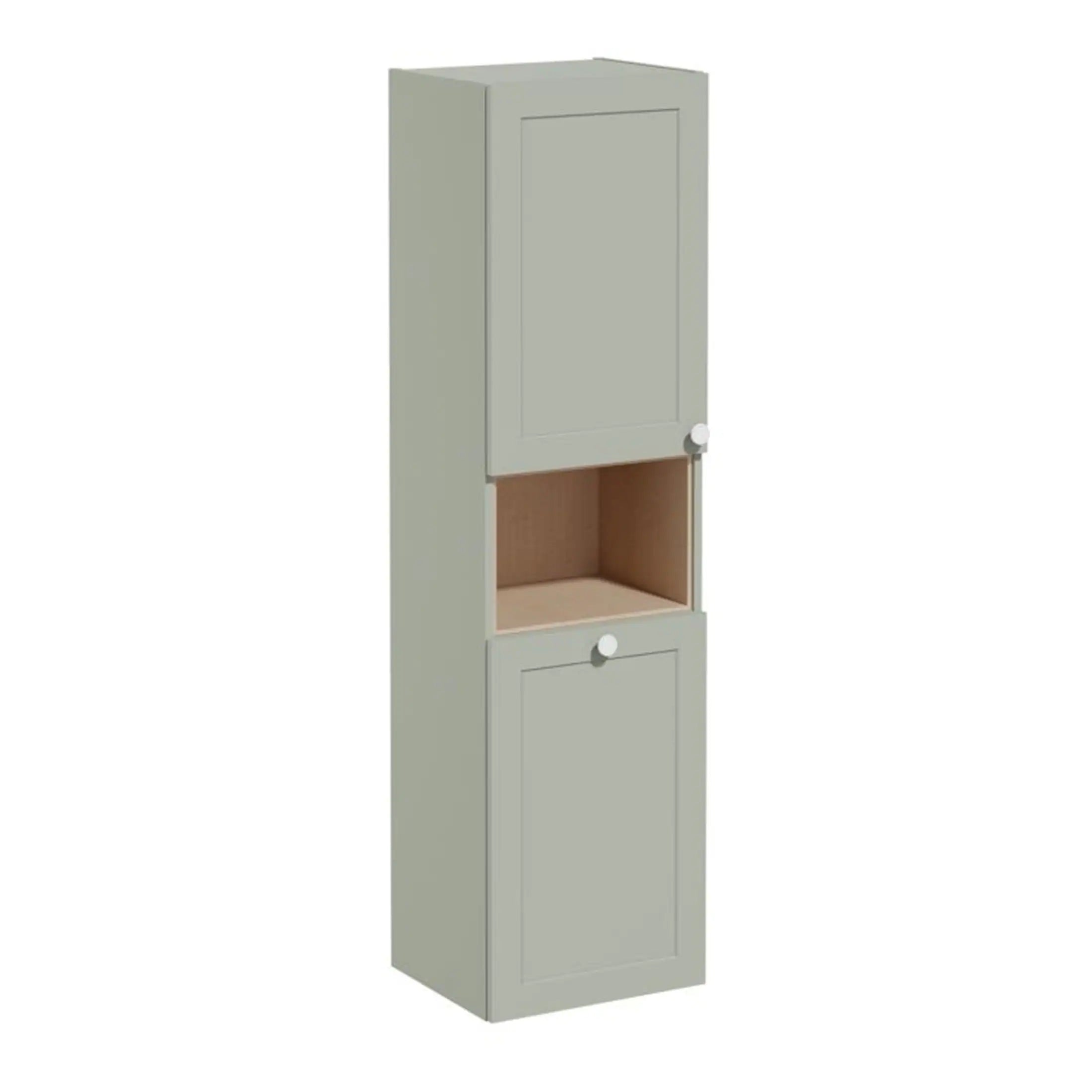 Elegant grey bathroom storage cabinet with two doors and open middle shelf, designed for organising toiletries and bathroom essentials efficiently.