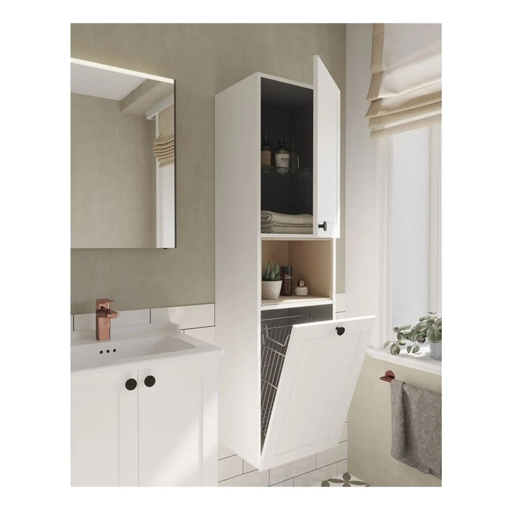 Bright white bathroom cabinet with concealed storage and black fixtures, featuring a pull-down door for easy access, set beside a small wash basin with a pink tap, in a modern and minimalist style.