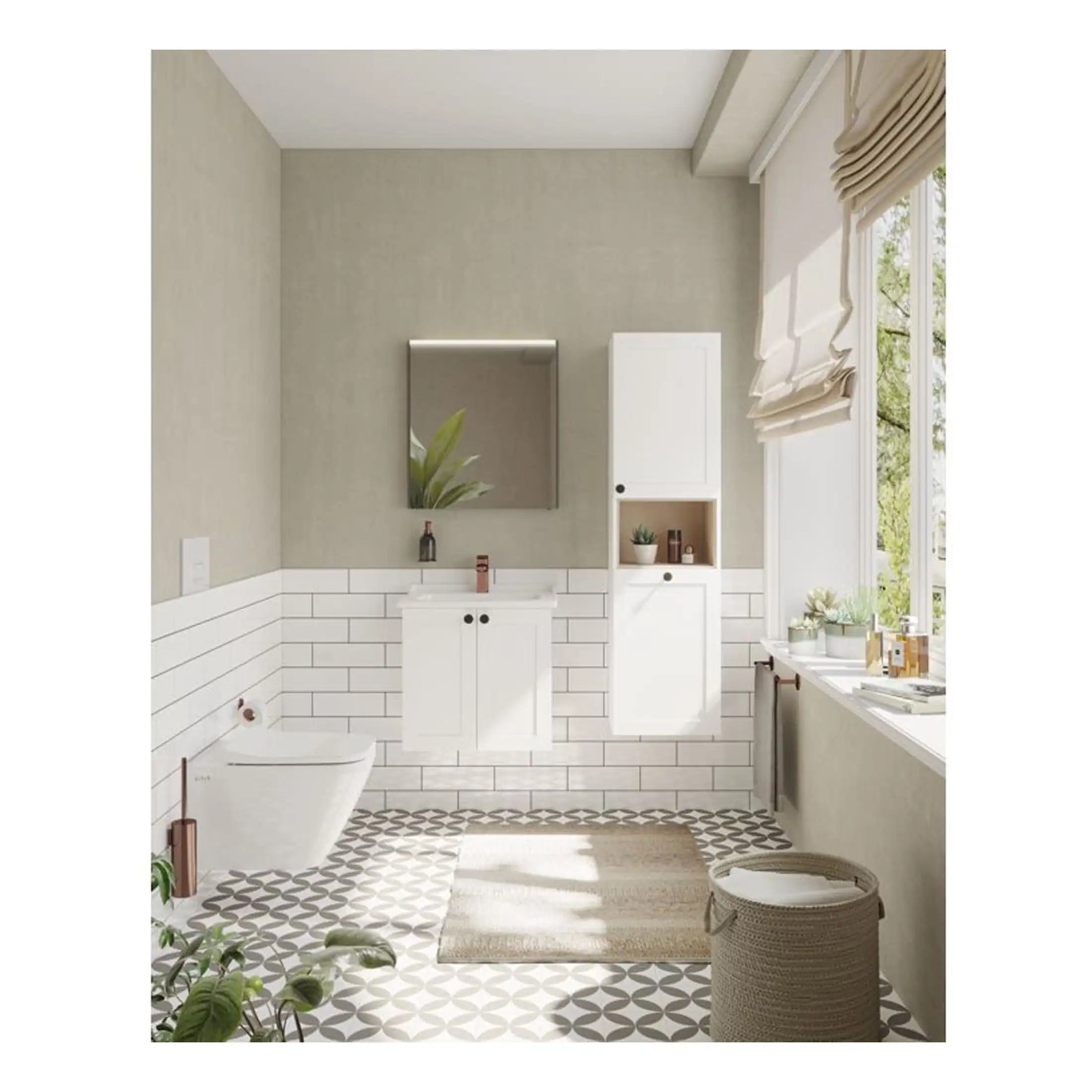 Minimalist modern bathroom with white toilet, sink vanity, wall-mounted cabinet, and large window with roman shades, creating a bright, clean, and stylish space.