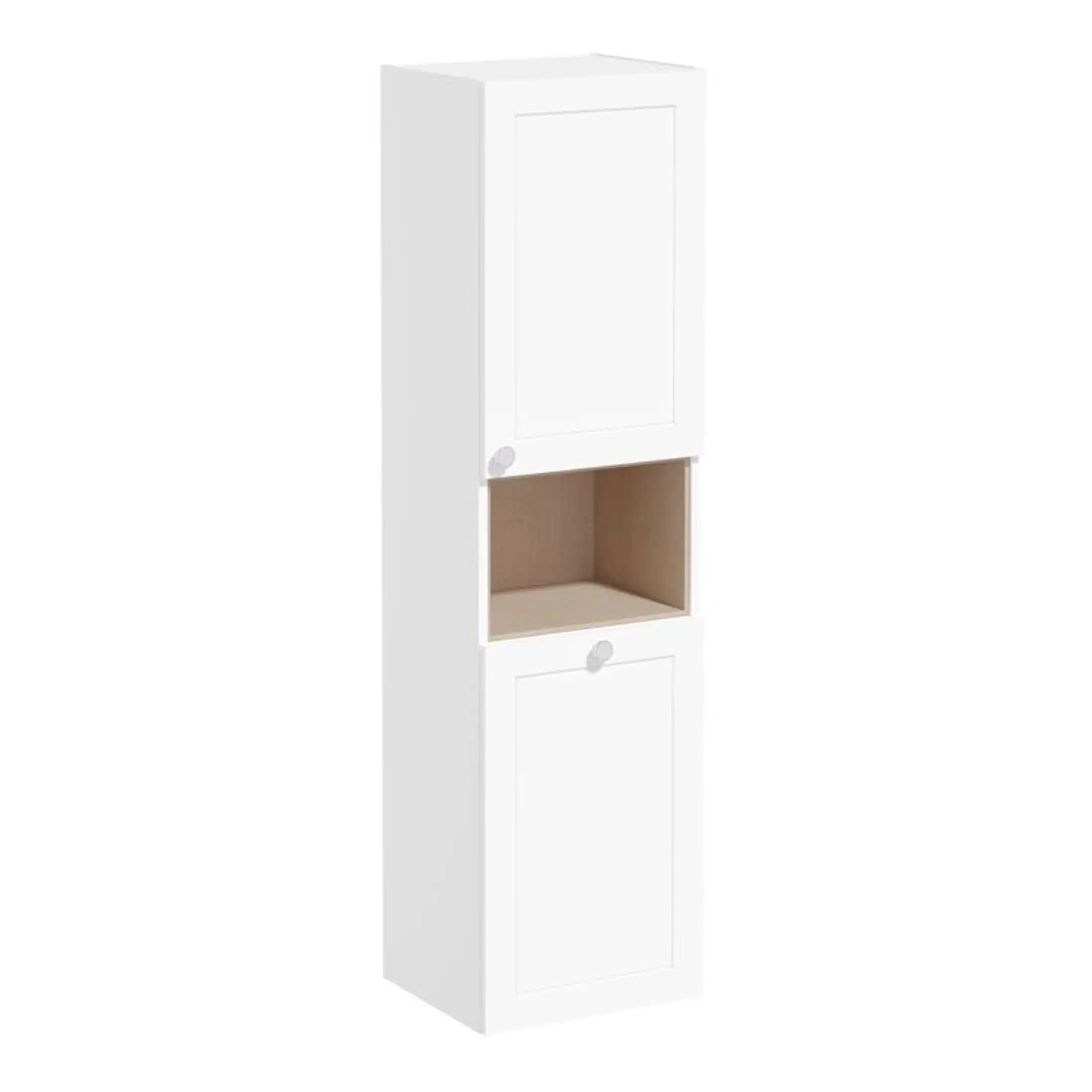 White bathroom storage cabinet with two doors and open shelf, ideal for organising bathroom essentials, sleek design, perfect for modern bathrooms.