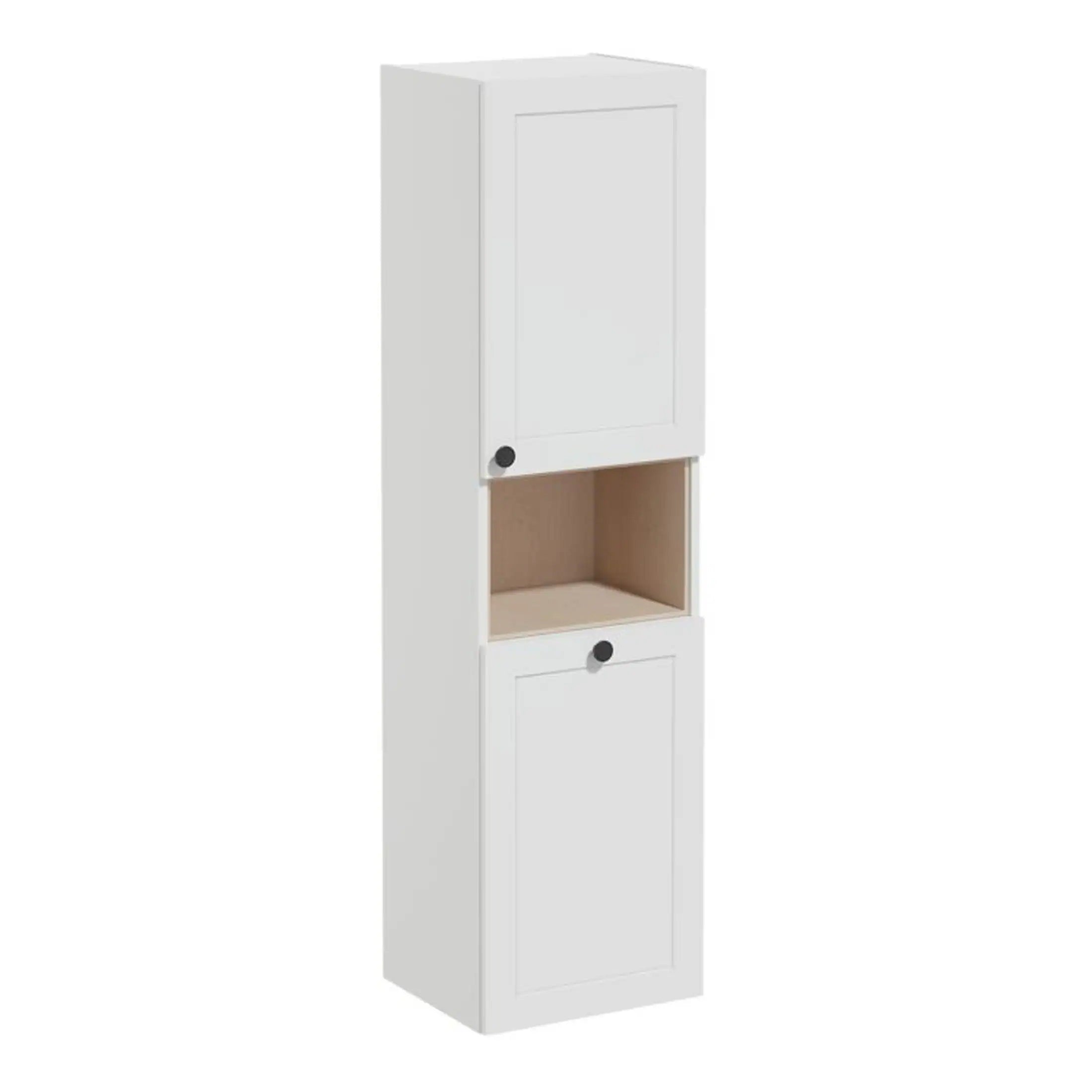 Modern white bathroom storage cabinet with adjustable shelves, ideal for organising toiletries and towels, featuring a clean, minimalist design.