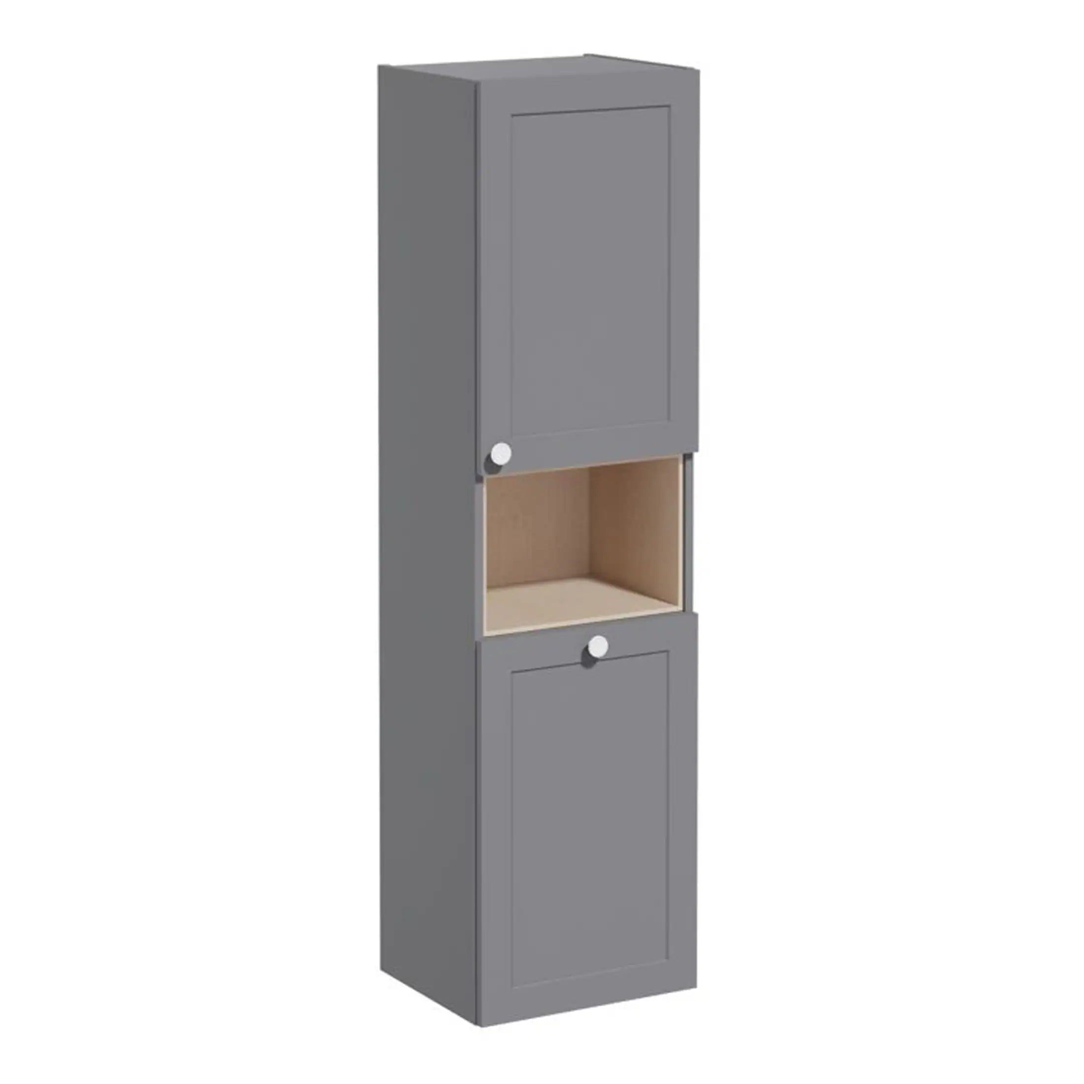 Sleek grey bathroom storage cabinet with open middle shelf, designed for modern bathrooms, providing ample space for toiletries and accessories. Perfect for creating an organised and stylish bathroom environment.