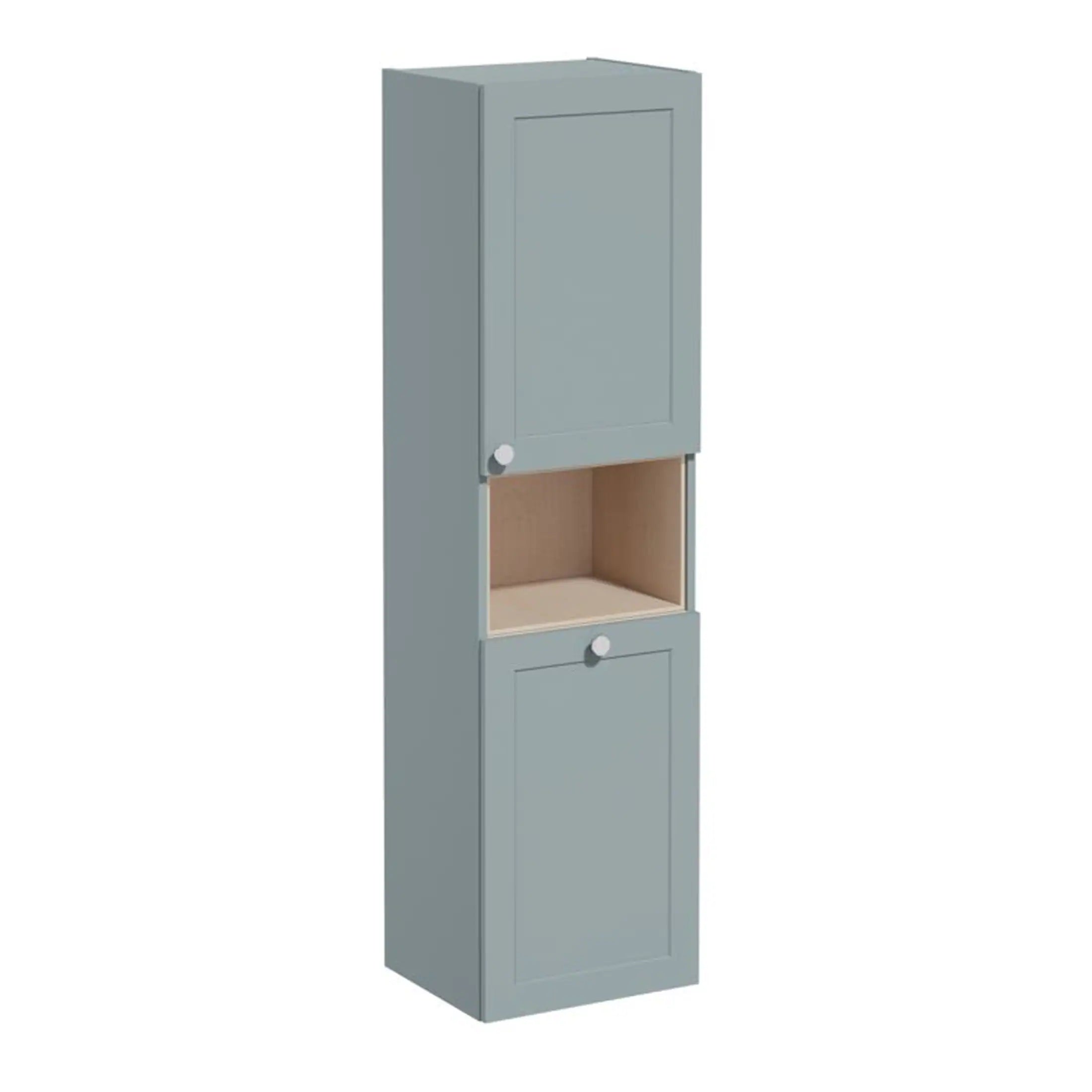 Stylish grey bathroom tall storage cabinet with three compartments, ideal for organising toiletries and bathroom essentials. Perfect for modern bathroom designs.