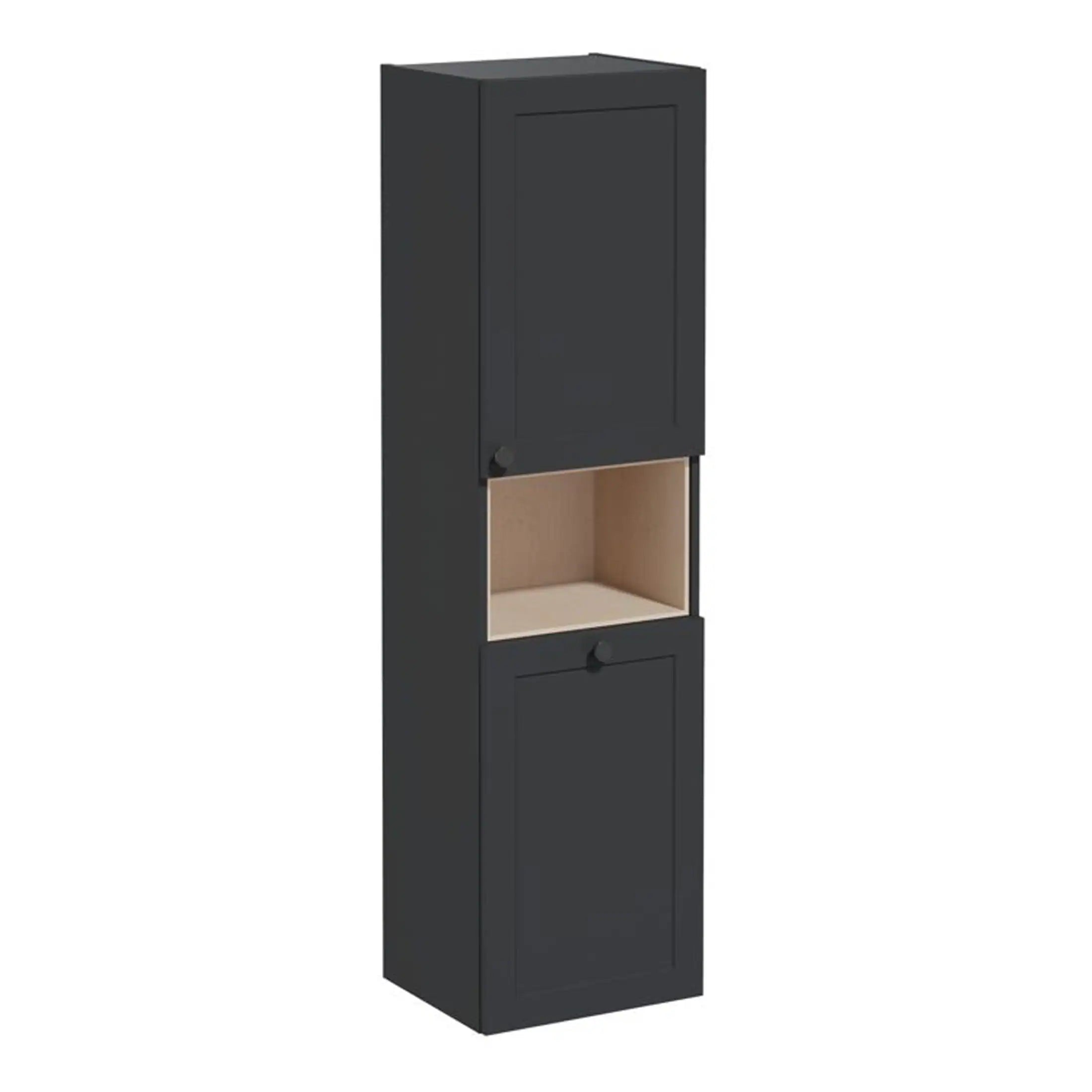 Black bathroom storage cabinet with wooden inner shelf, modern bathroom furniture by Bubly Bathrooms.