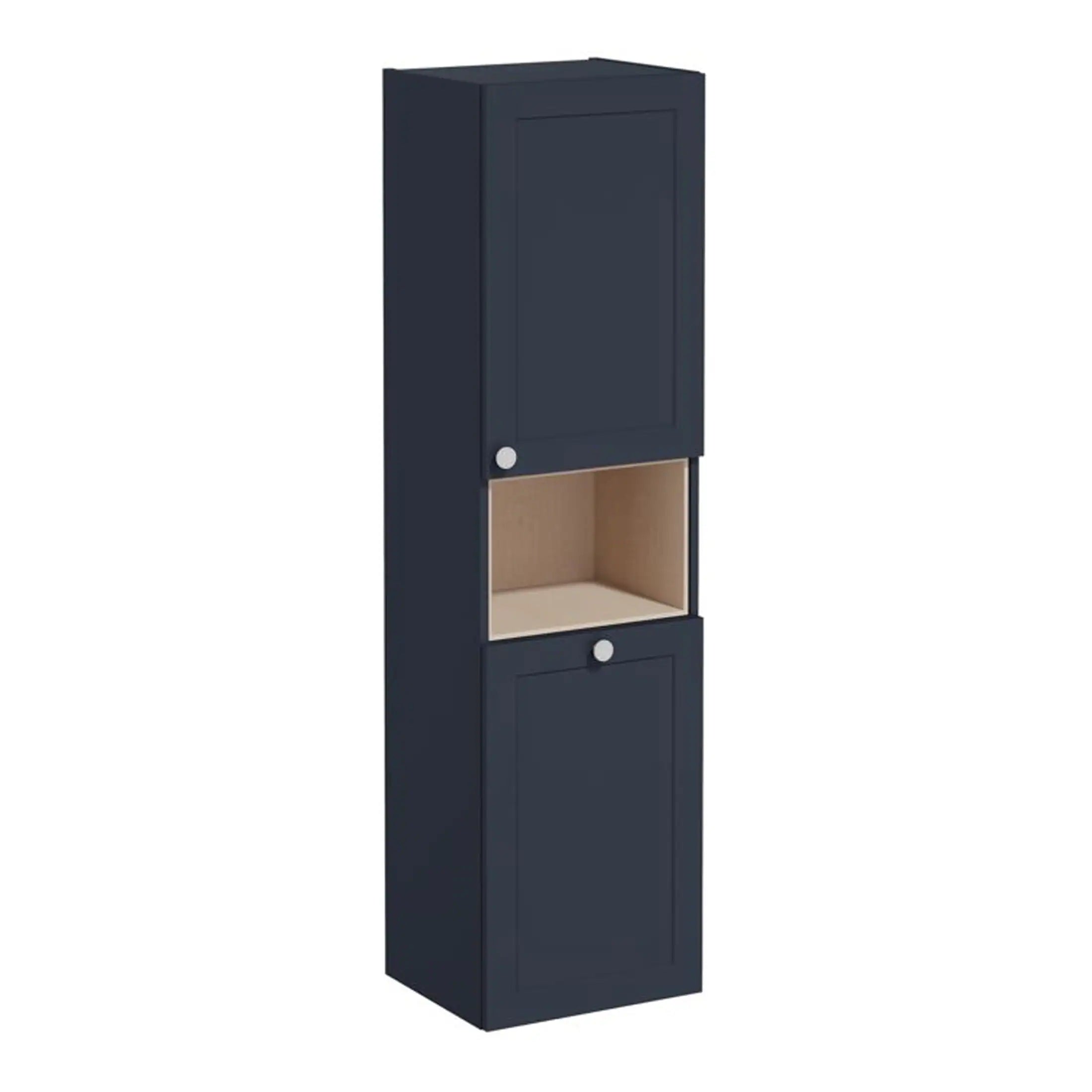 Elegant navy blue bathroom storage cabinet with adjustable shelves, perfect for organiser and bathroom organisation solutions.