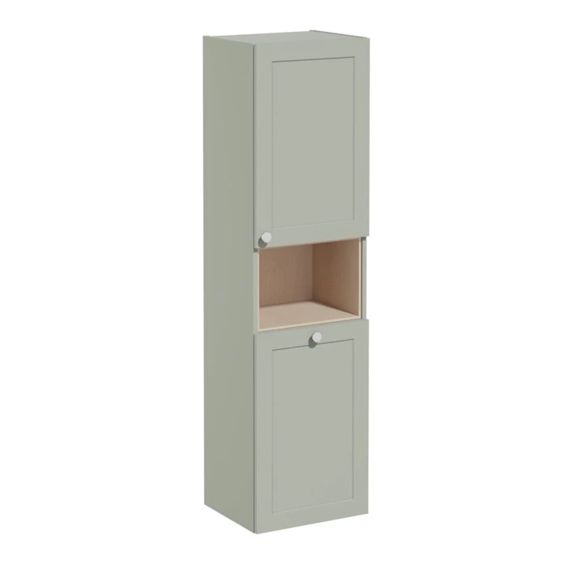 Stylish grey bathroom cabinet with open shelf and cabinet doors, ideal for bathroom storage and organisation, complementing Bubly Bathrooms' modern bathroom furniture collection.