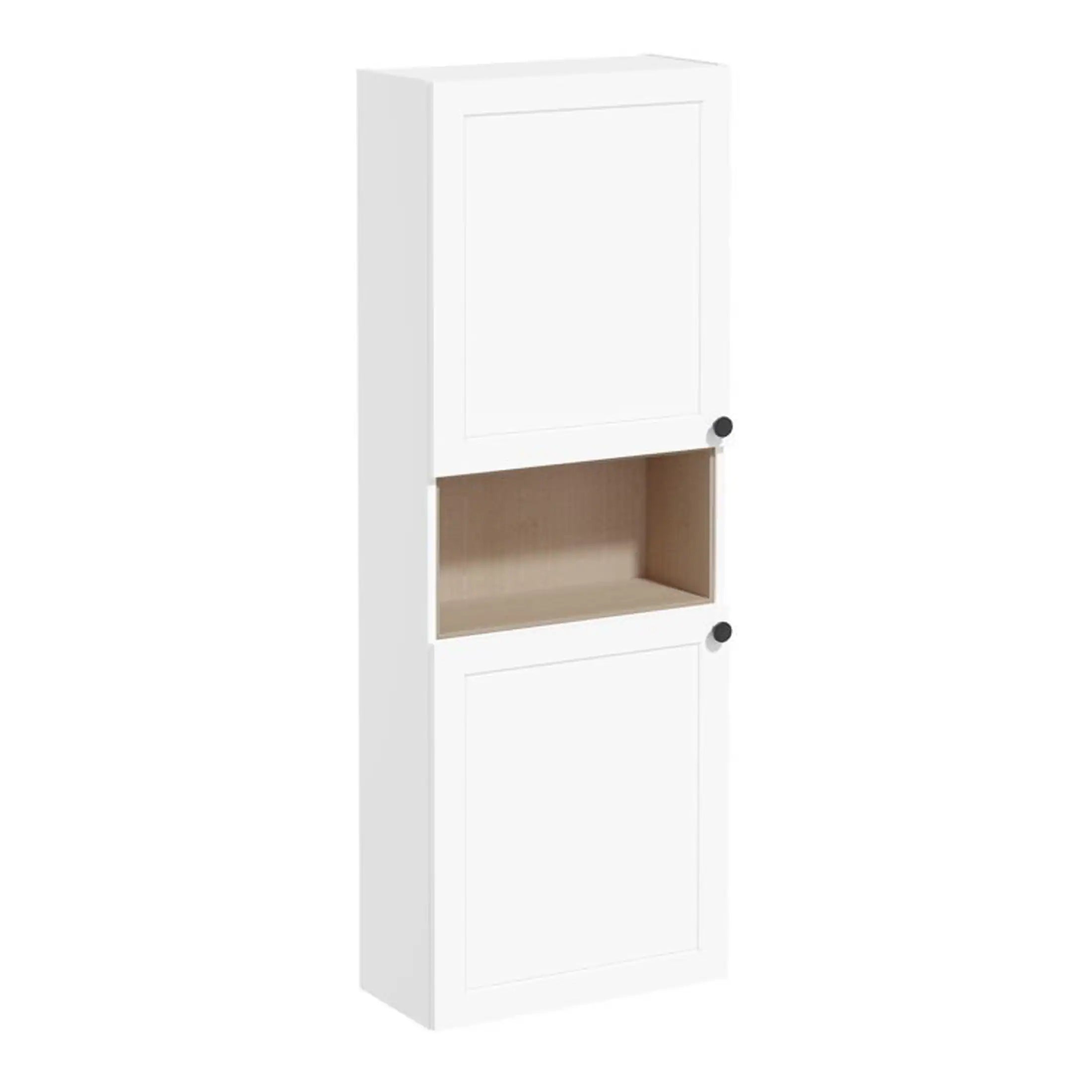 White modern bathroom storage cabinet with open shelf and closed compartments, ideal for organising toiletries and bathroom essentials, clean design for contemporary bathrooms.
