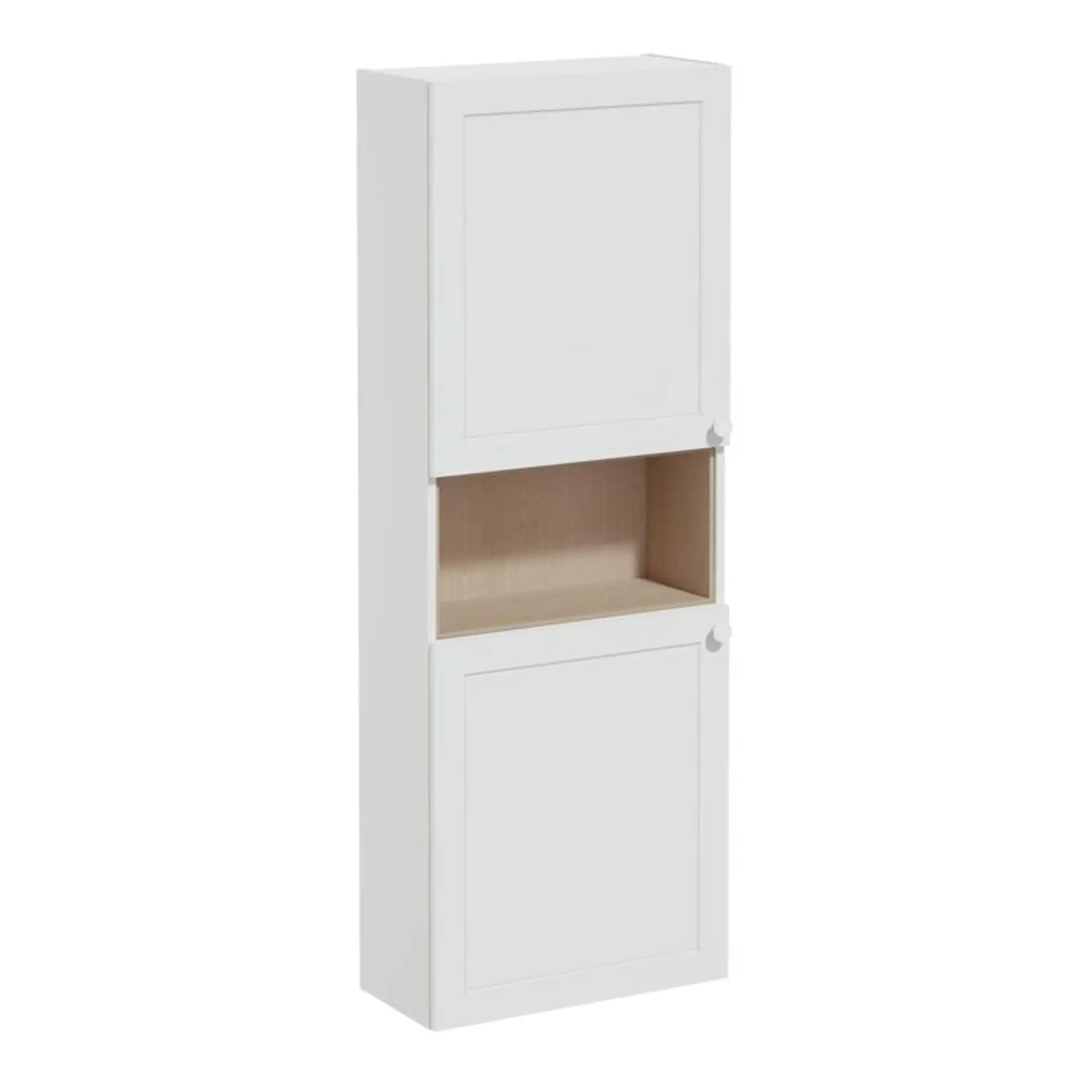 White bathroom cabinet with open middle shelf, sleek design for modern bathrooms, perfect for storage and organisation. Ideal for Bubly Bathrooms' high-quality bathroom furniture collection.