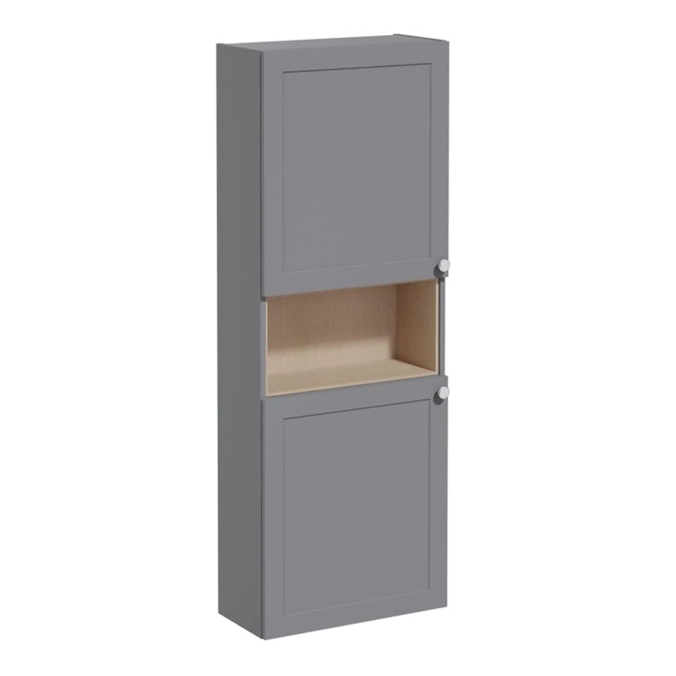 Modern grey bathroom wall cabinet with open middle shelf and storage doors, ideal for bathroom organisation and storage solutions.