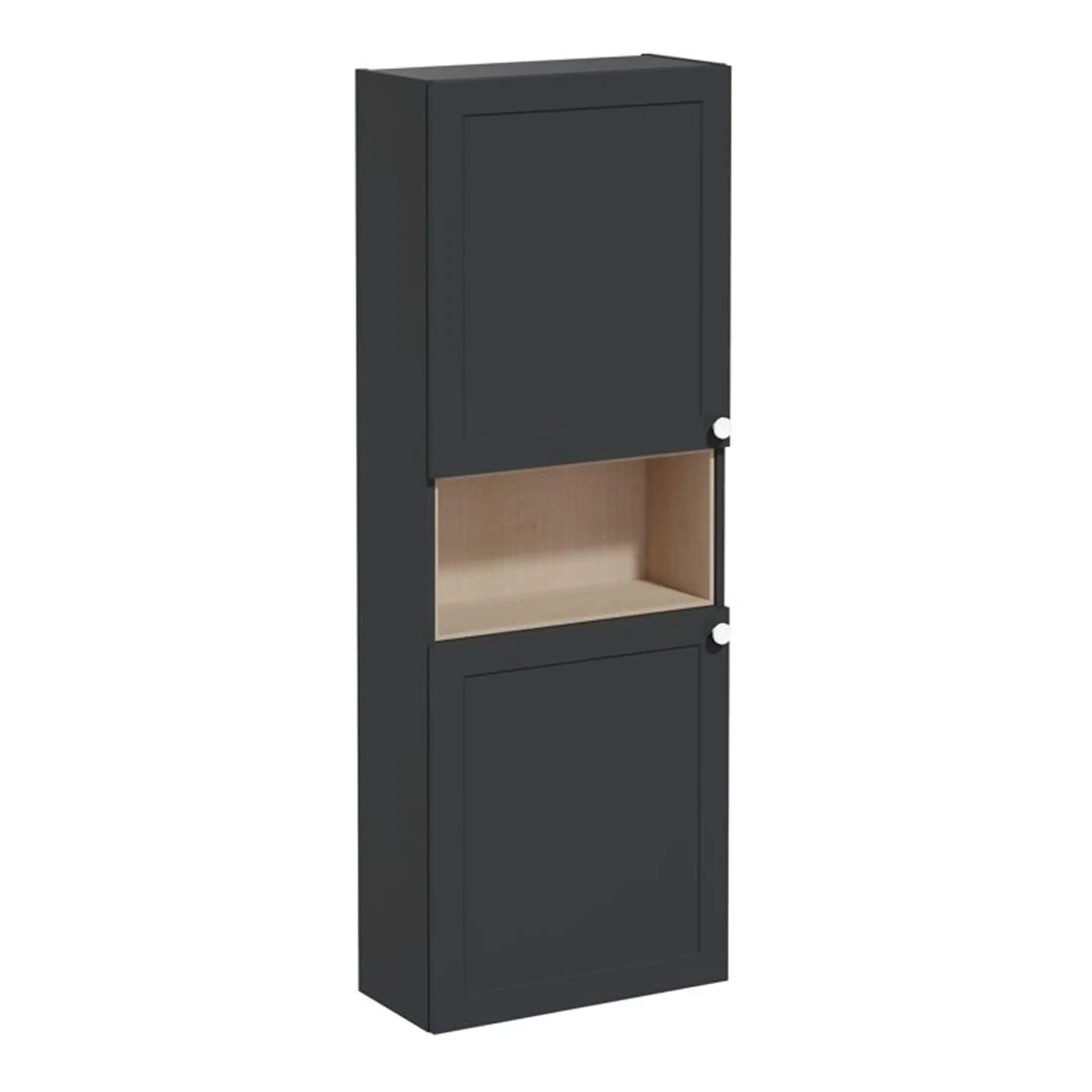 Contemporary black bathroom wall cabinet with open storage and sleek design by Bubly Bathrooms. Ideal for modern bathrooms, offers concealed storage and stylish finish for functional organisation.