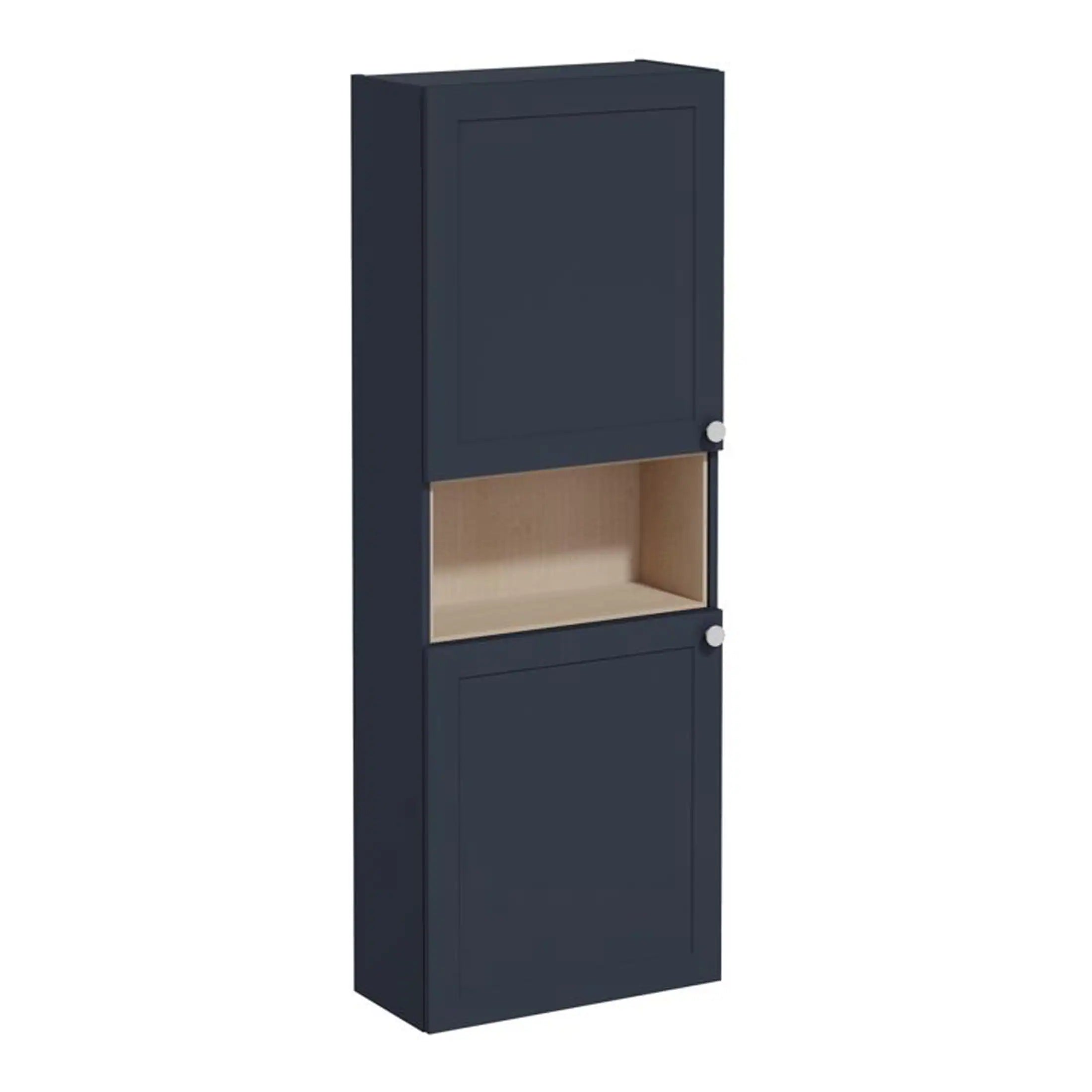 Compact navy bathroom storage cabinet with closed and open shelving, perfect for modern bathrooms. Stylish design with wood accents, versatile for bathroom organisation.