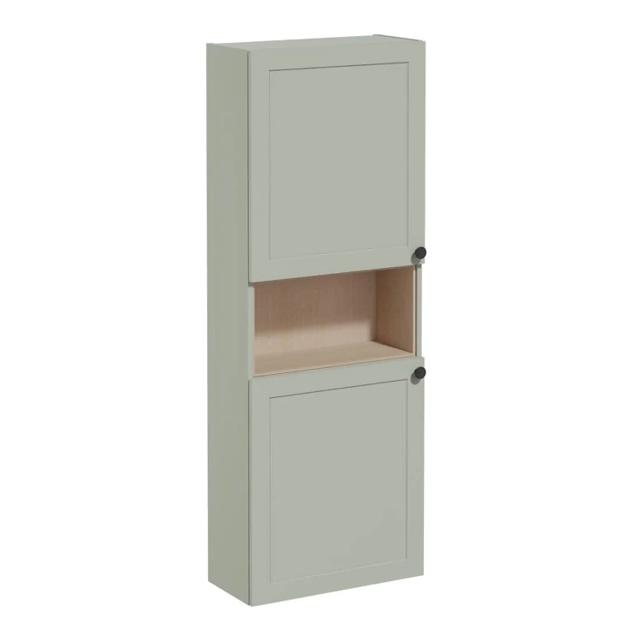 Minimalist wall-mounted bathroom cabinet with open shelf,grey and natural wood finish, ideal for space-saving storage in modern bathrooms.