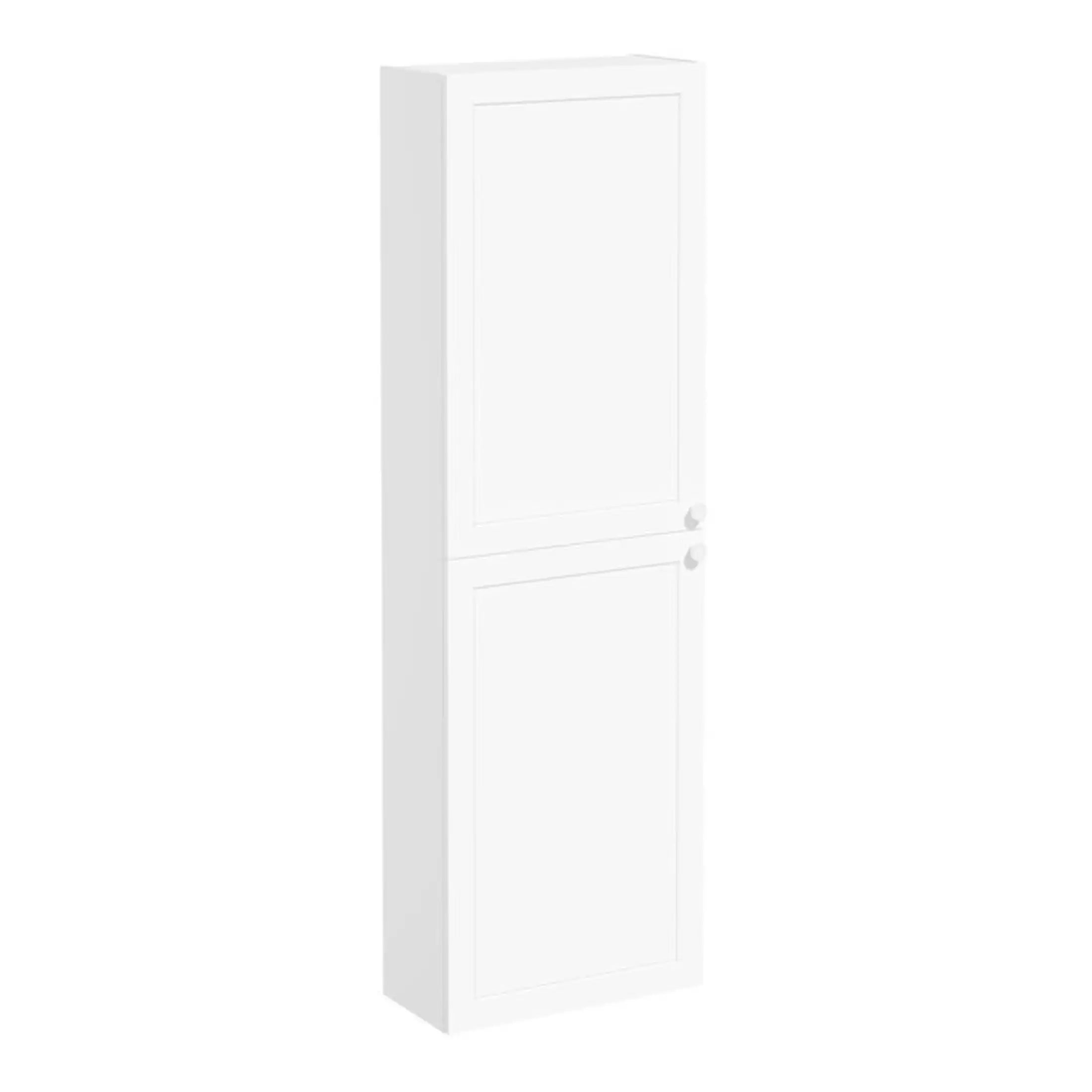 White bathroom storage cabinet, versatile and space-saving ideal for organising bathroom essentials, towels, and toiletries, with classic design and concealed hinges.