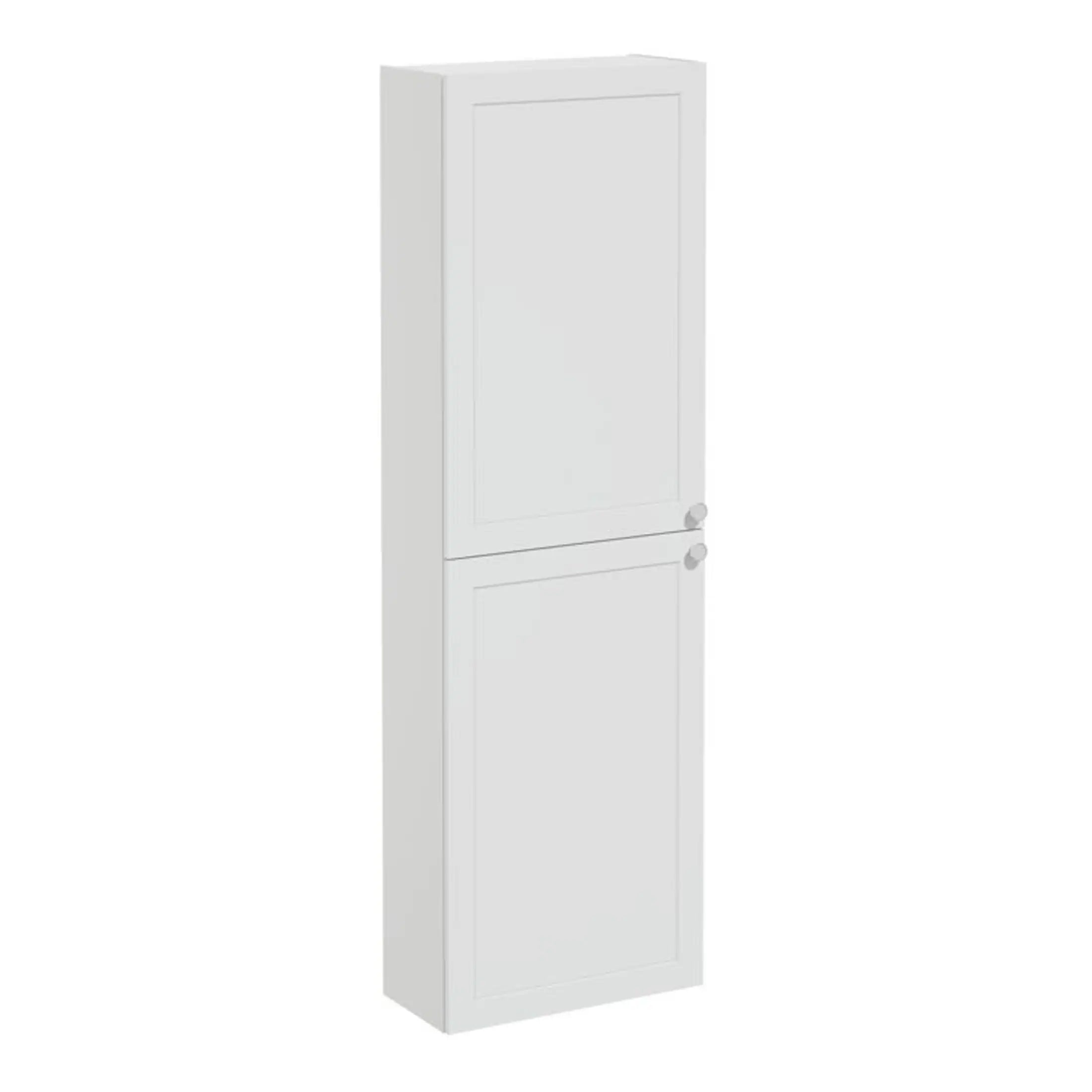 Generous white bathroom cabinet with dual doors, ideal for storage and organisation in modern bathrooms. Durable and sleek design complements contemporary bubly bathroom decor.