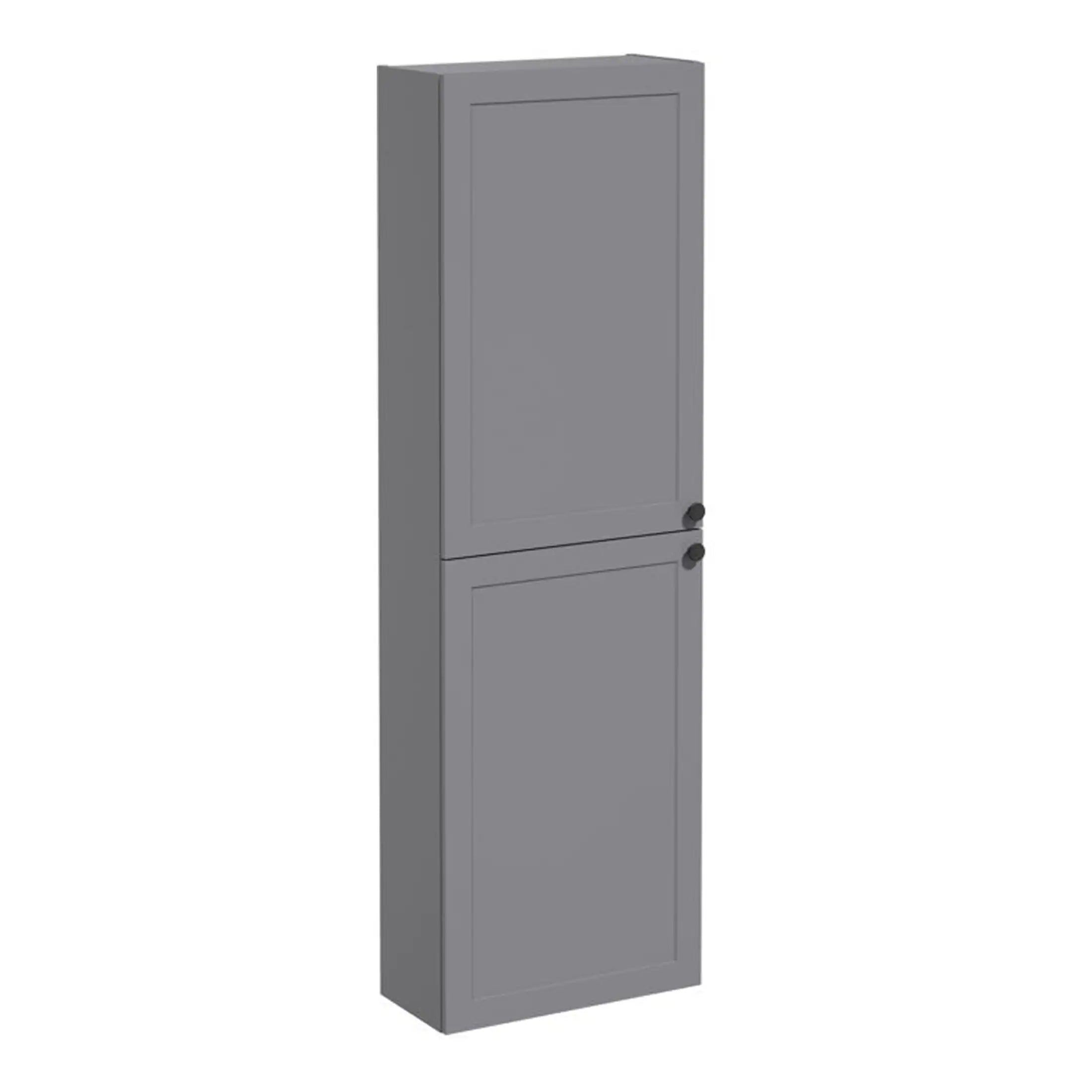 Modern grey bathroom storage cabinet with double doors, ideal for organising toiletries and essentials in contemporary bathrooms.