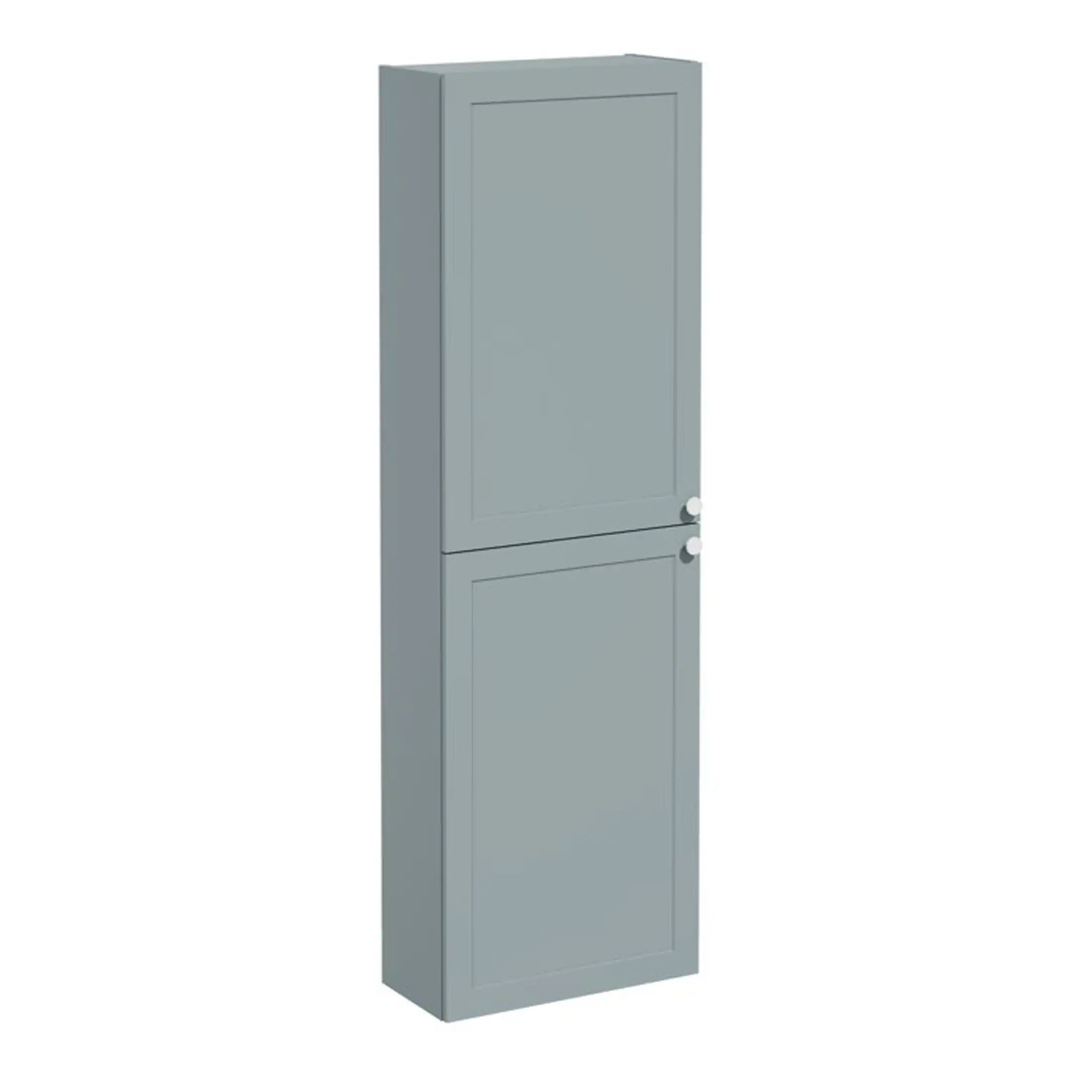 Modern grey bathroom storage cabinet with two doors, ideal for bathroom organisation and space saving. Crafted with durable materials and a sleek finish for a stylish bathroom update.