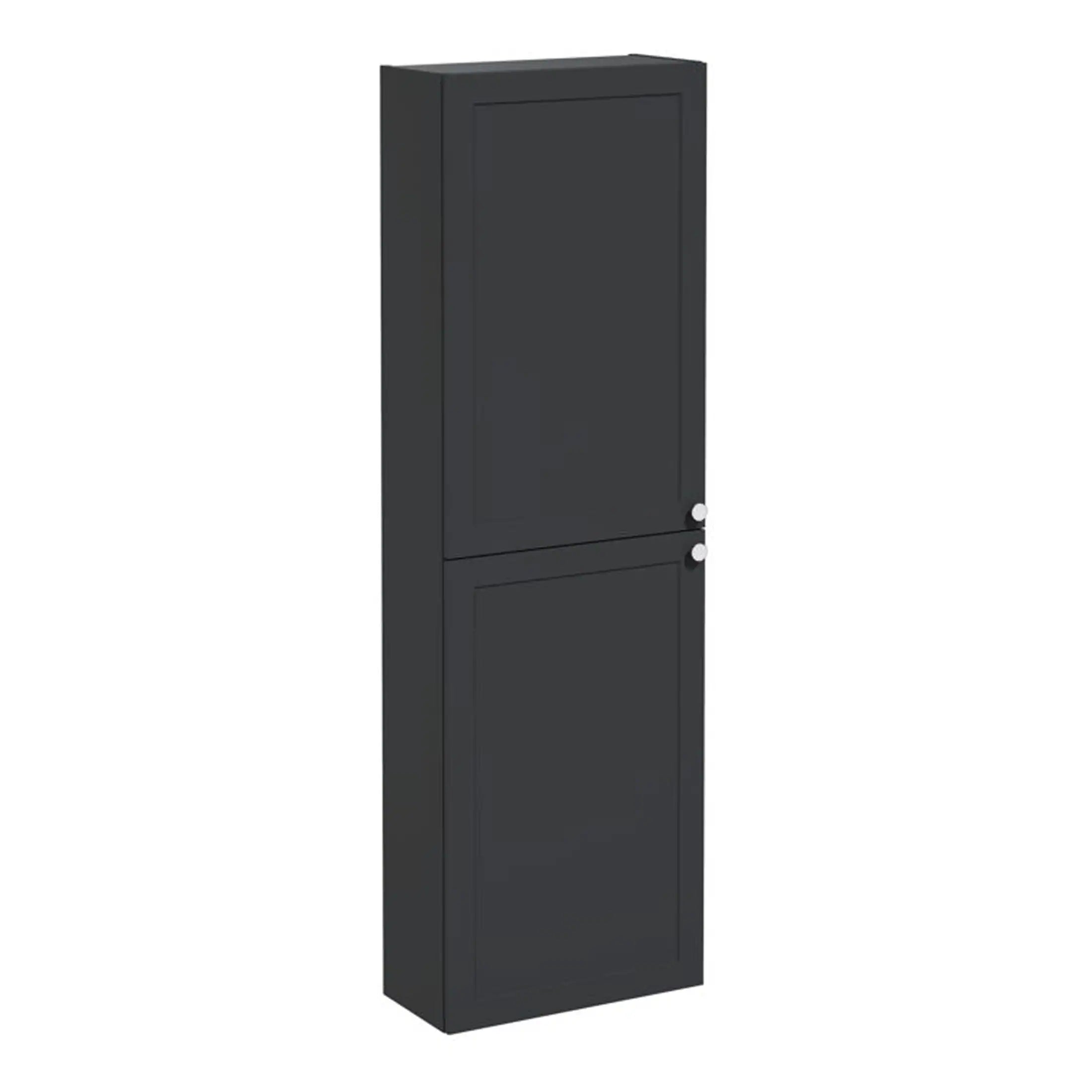 Sleek black bathroom storage cabinet with double doors and chrome handles, ideal for modern bathroom organisation and decor. Perfect for optimizing space and adding style.