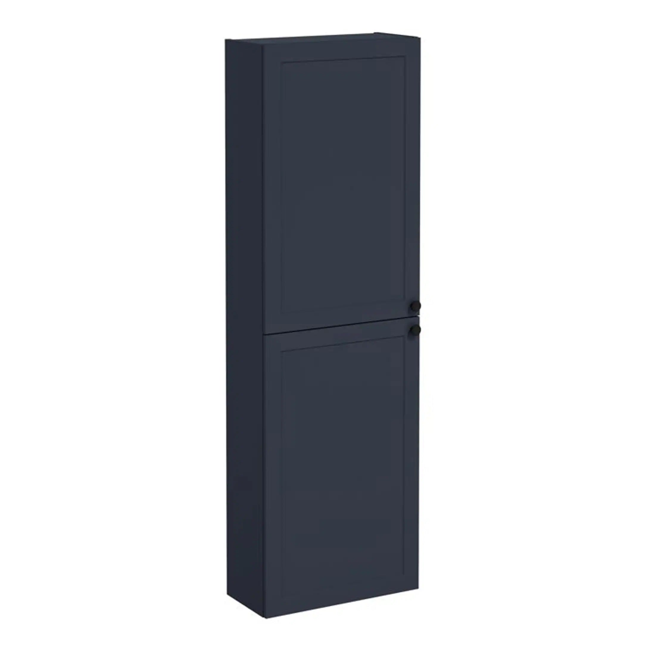 Dark navy bathroom storage cabinet with two doors, ideal for home bathroom organisation and storage solutions. Durable and functional design for modern bathrooms.