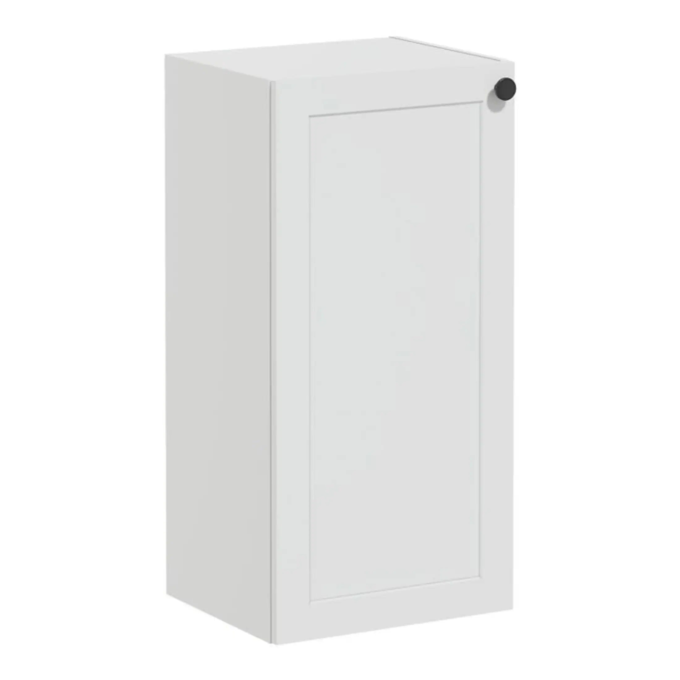 White bathroom storage cabinet with door, ideal for modern bathrooms and toilet areas. Compact design with black knob, perfect for organising toiletries and bathroom essentials.