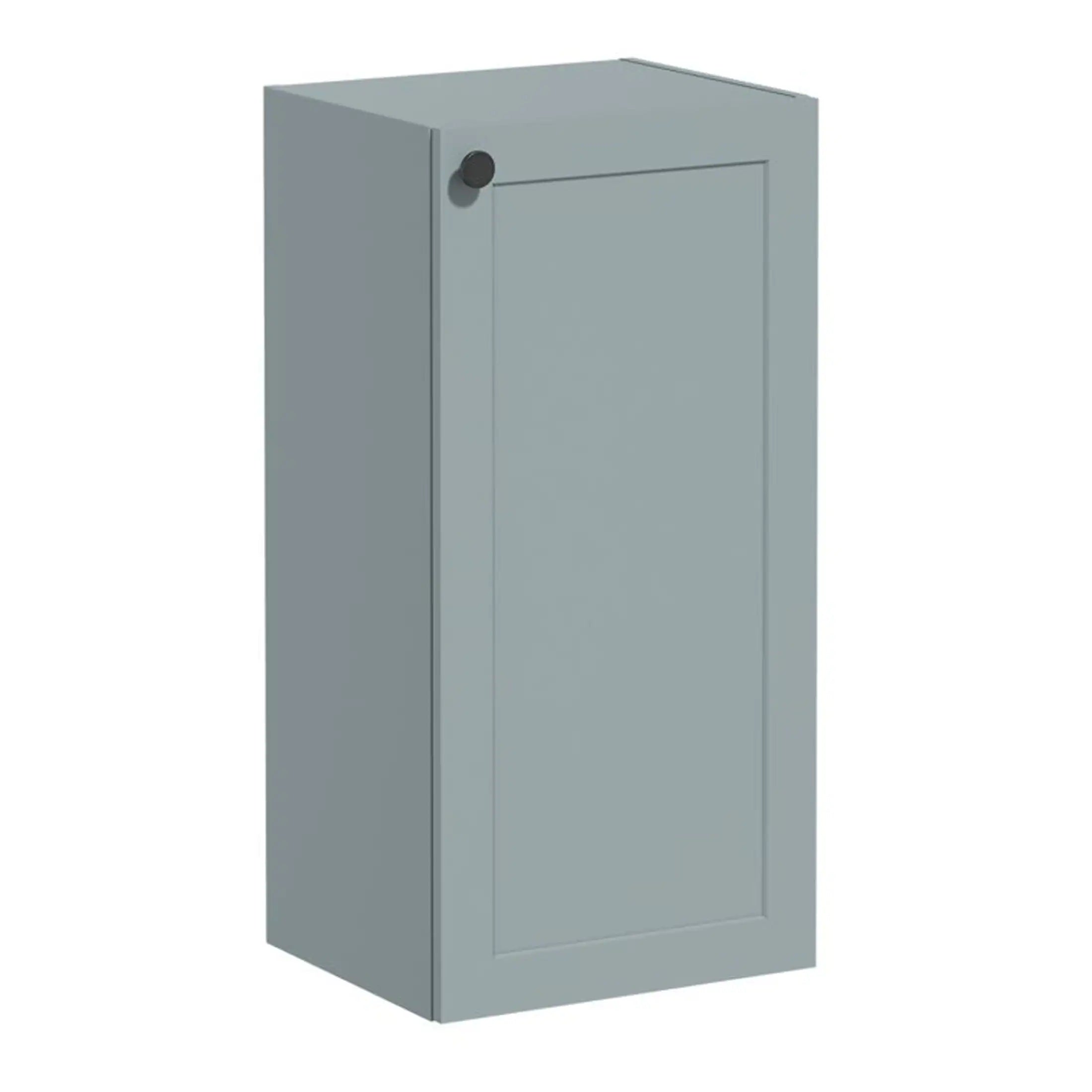 Powder grey bathroom storage cabinet with door and side magnetic catch for bathroom organisation and space-saving solutions.