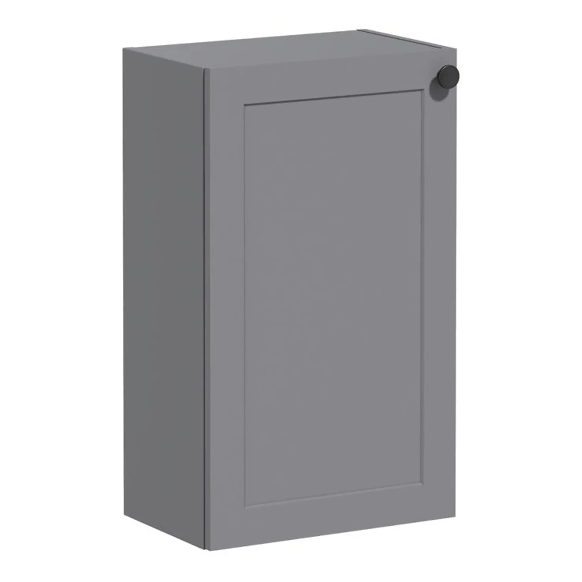 Metal grey bathroom cabinet with a door and a black circular handle, ideal for bathroom storage solutions.