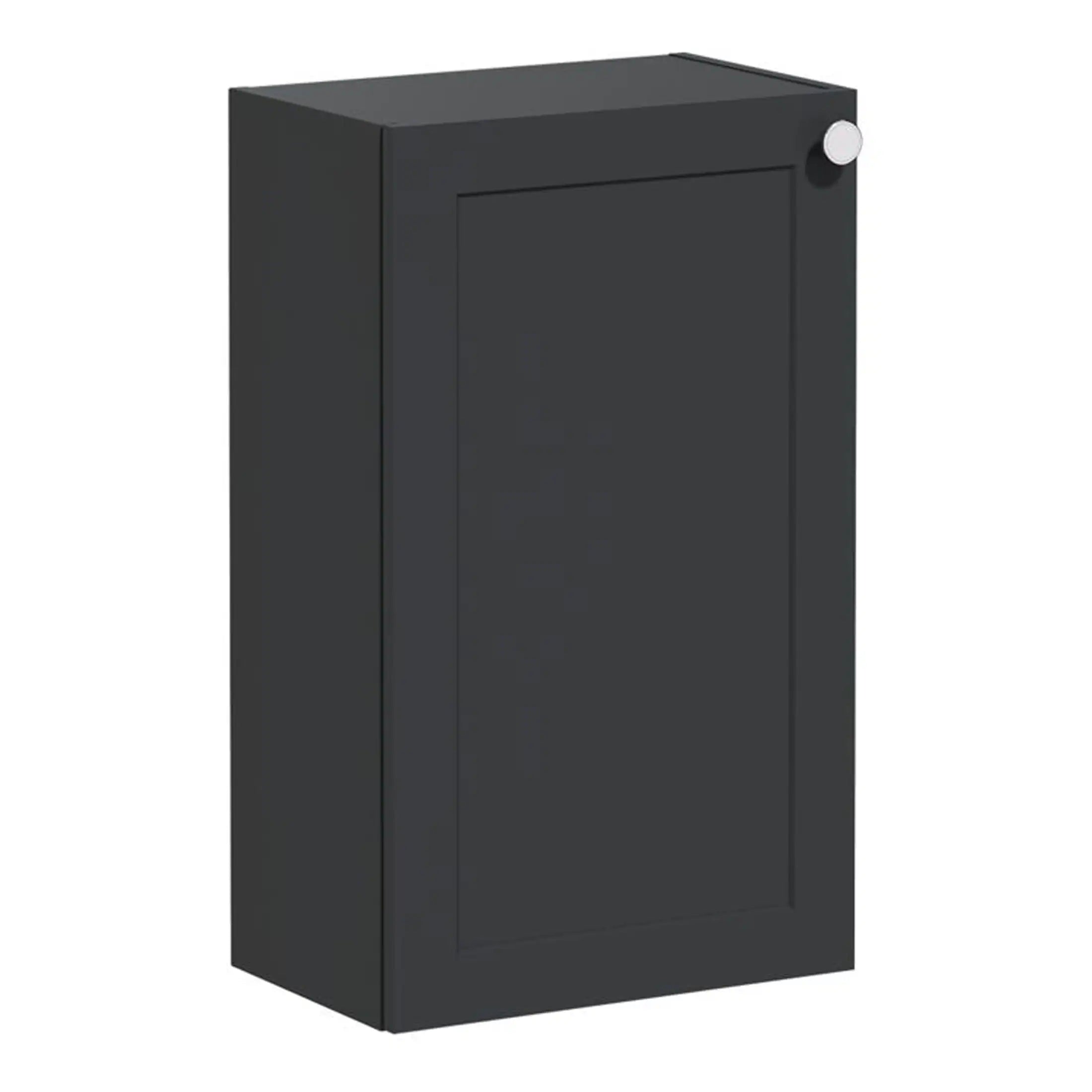 Black bathroom storage cabinet with door and round handle, ideal for bathroom organisation and space-saving solutions. Perfect for modern bathroom decor and storage needs.