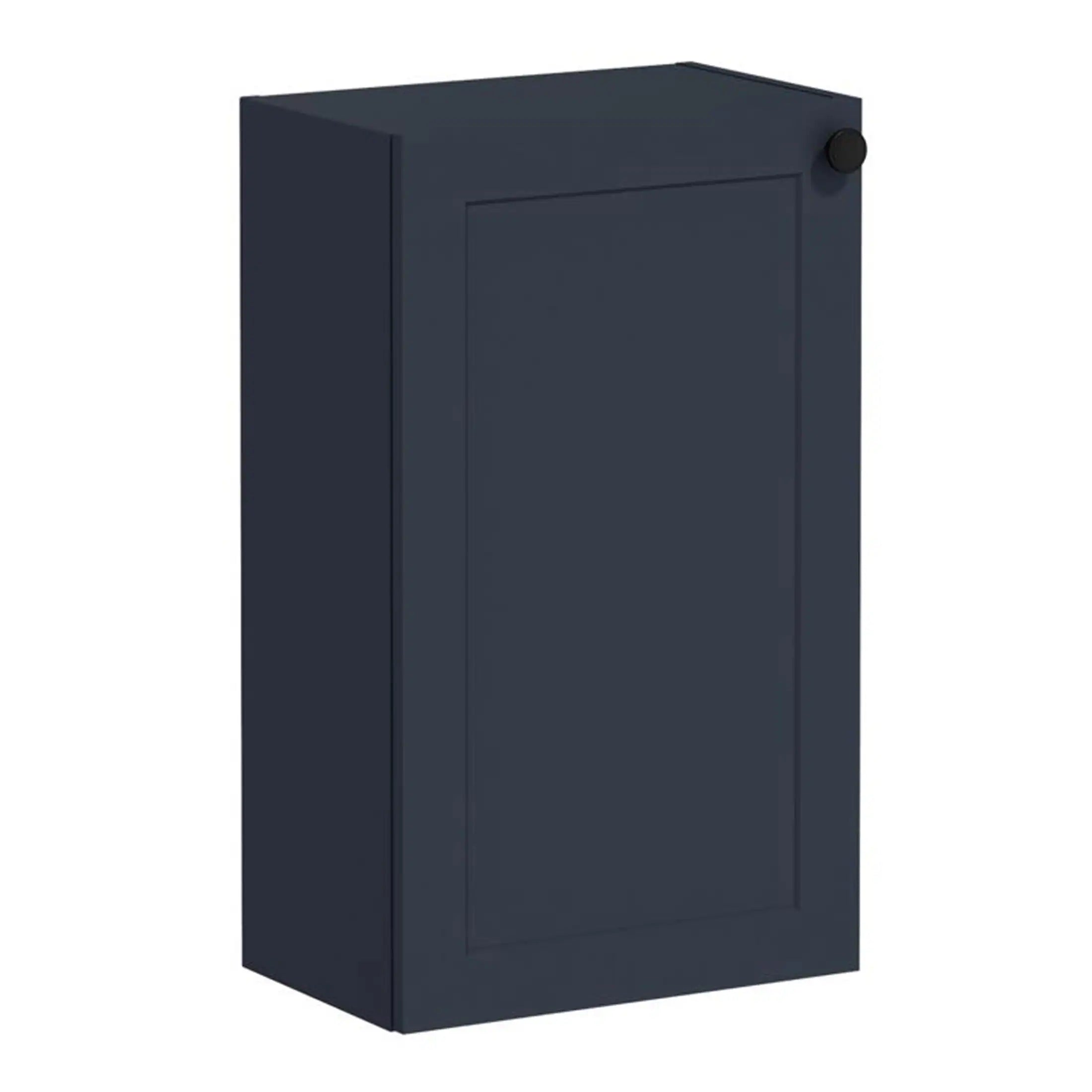 Sleek navy blue bathroom storage cabinet with minimalist design and seamless finish, ideal for modern bathrooms, providing stylish organisation and space-saving solution.