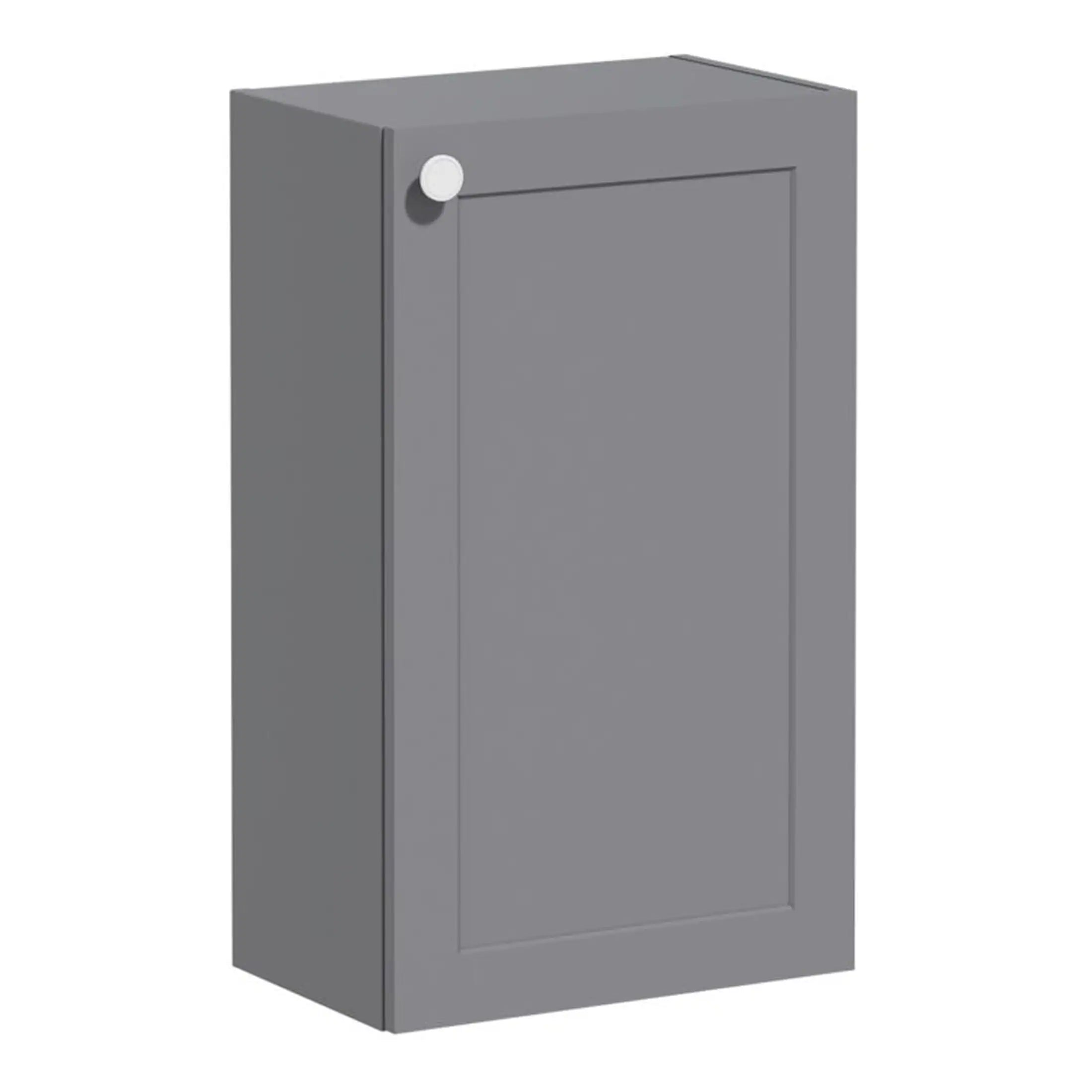 Grey bathroom wall cabinet with minimalistic design and sleek finish, ideal for creating organised and modern bathroom storage solutions. Perfect for small or large bathroom spaces.