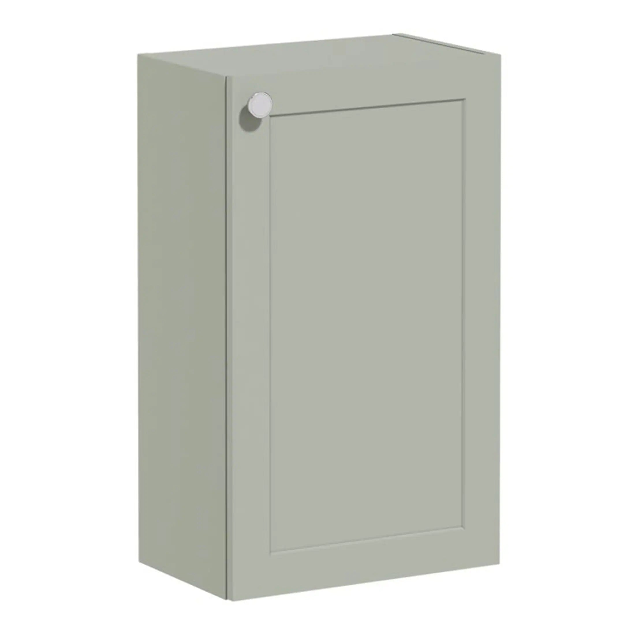 Light grey bathroom wall cabinet with a single door and round white handle, ideal for bathroom storage solutions.