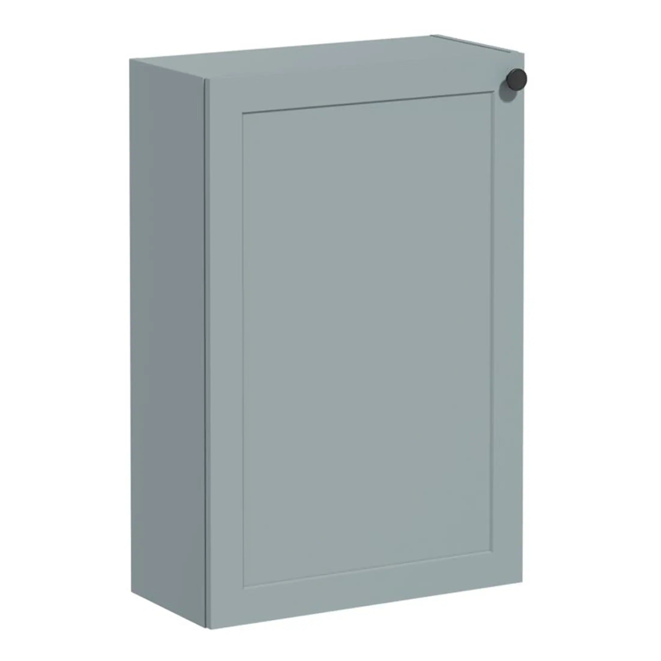 Modern grey bathroom wall cabinet with a sleek design and discreet storage solutions for contemporary bathroom décor.