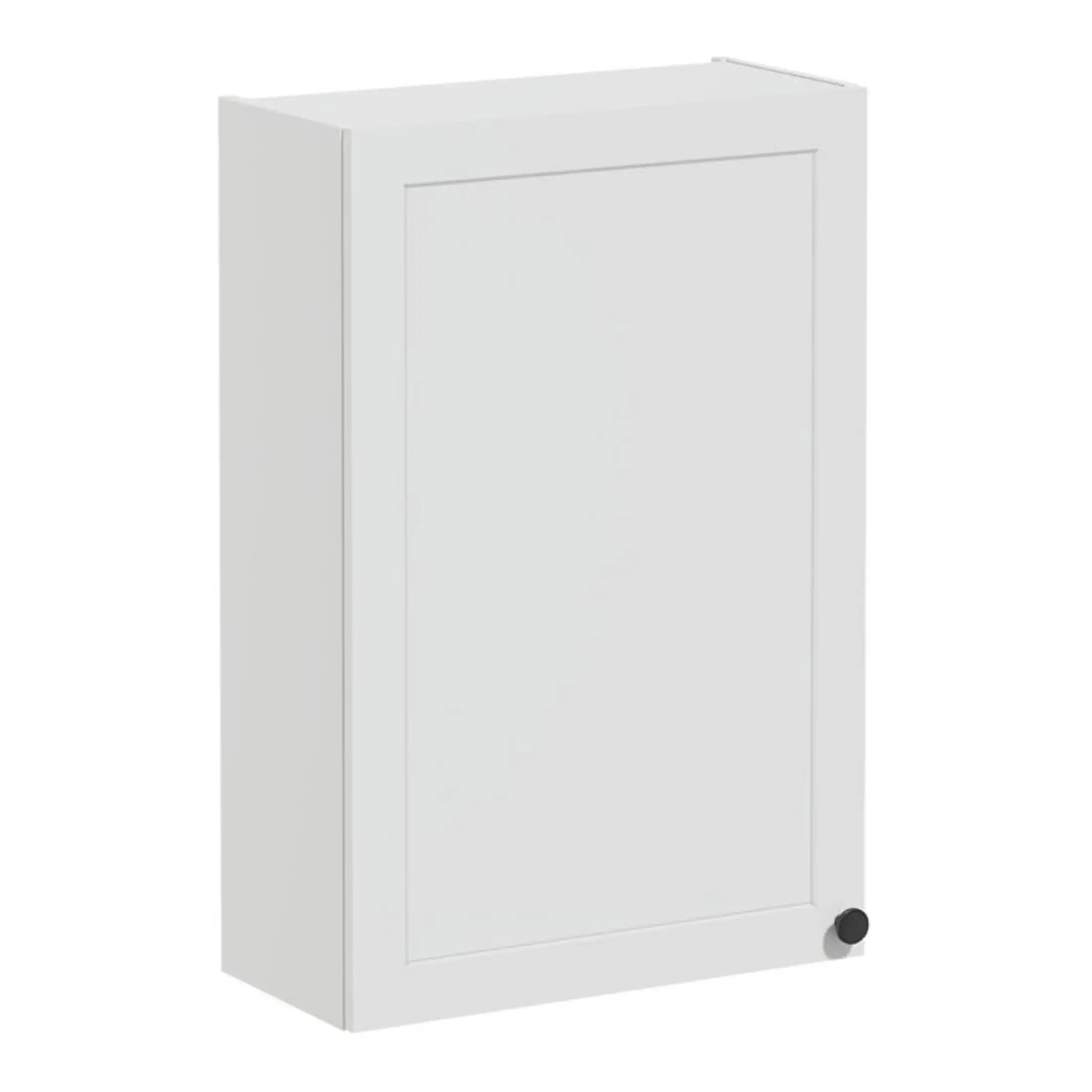 White bathroom storage cabinet with a sleek, minimalist design, ideal for modern bathroom organisation and storage solutions.