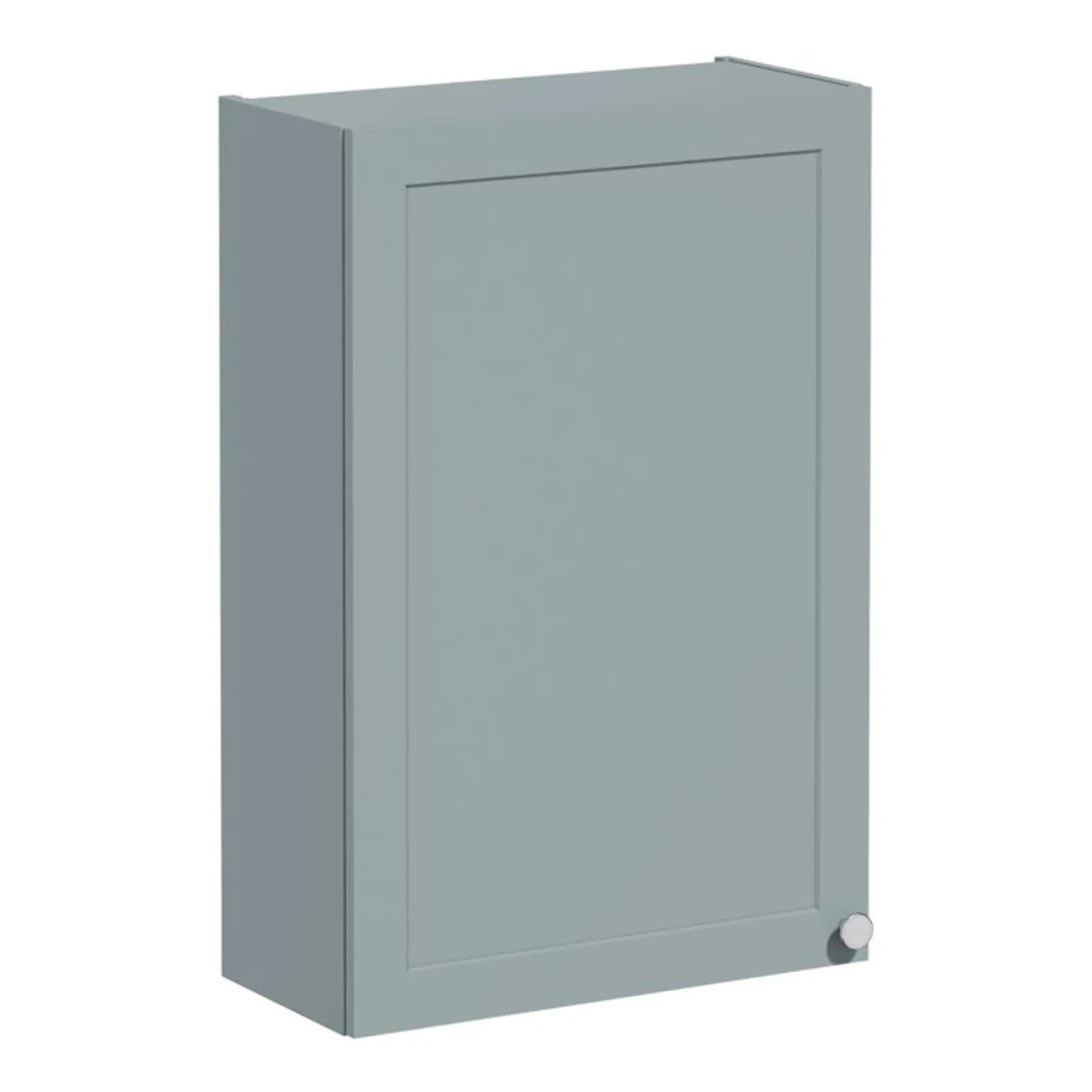 Solid grey bathroom cabinet with sleek design, storage space, and small white wheels, ideal for modern bathroom organisation and style.