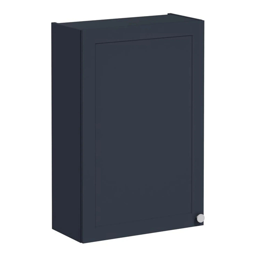 Contemporary navy blue bathroom wall cabinet with sleek design and modern hardware, ideal for bathroom storage solutions.