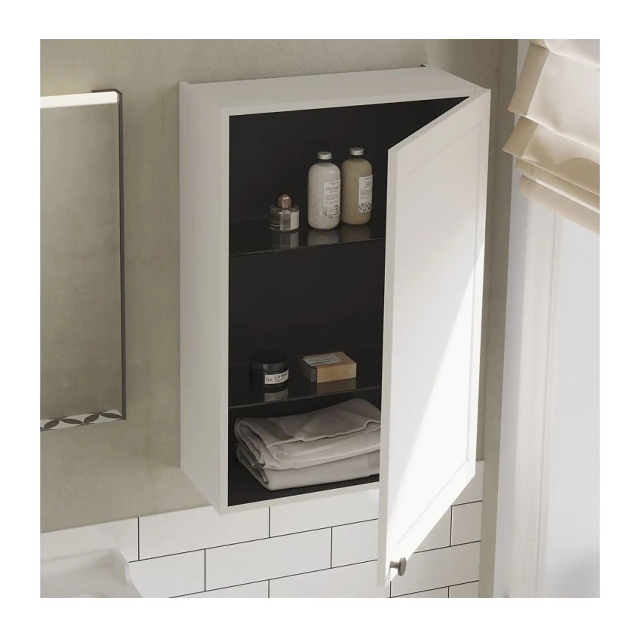 Minimalist white bathroom storage cabinet with black interior shelves for organised bathroom essentials. Perfect for modern bathrooms, providing stylish storage for toiletries and towels.
