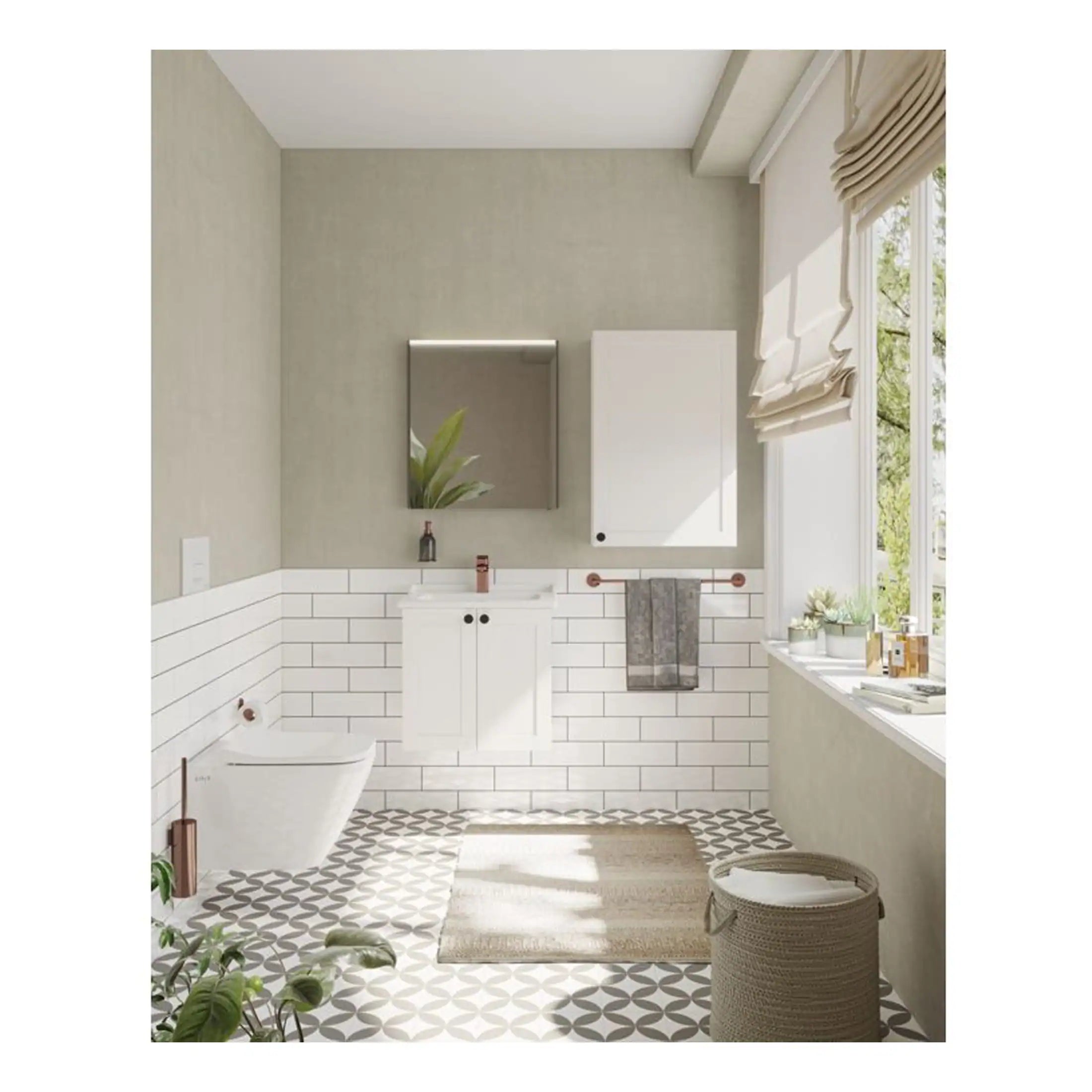 Modern bathroom with white wall-mounted vanity, subway tile wainscoting, patterned floor tiles, and large window with roman shades, creating a bright and stylish space for bathroom renovations.