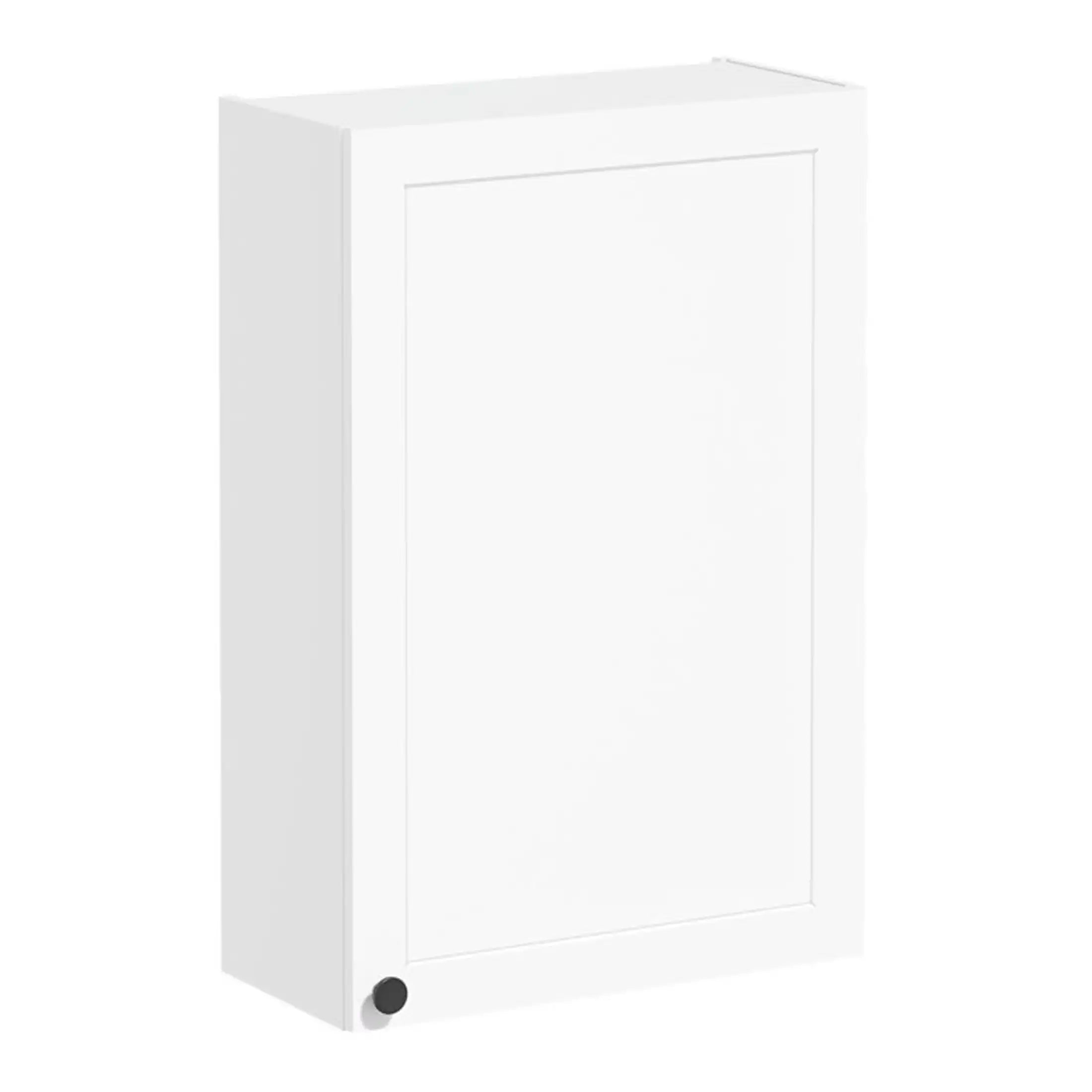White bathroom cabinet with smooth door finish, featuring a compact design and a small black wheel at the bottom corner for mobility. Ideal for bathroom storage and organisation.