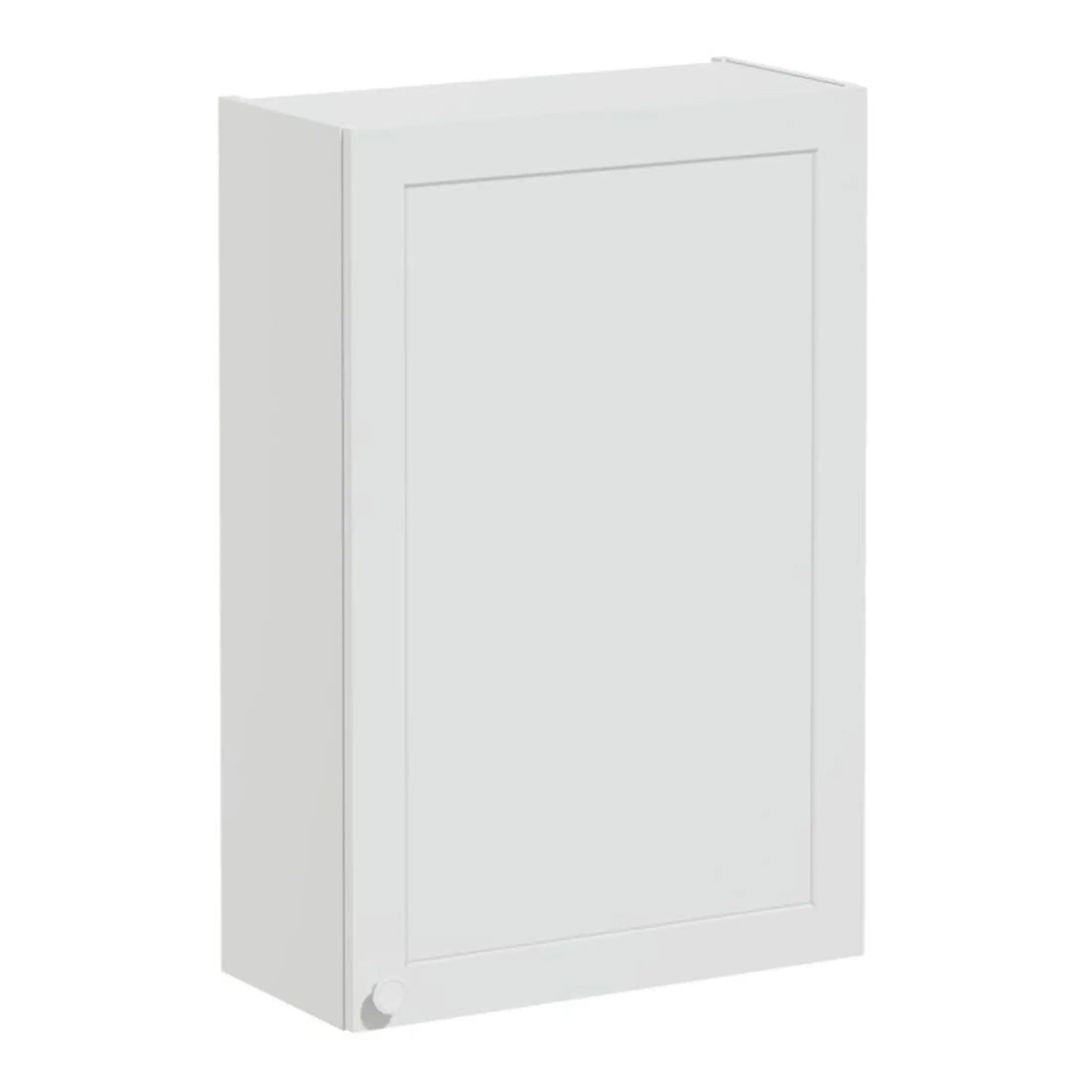White bathroom wall cabinet with modern minimalist design, ideal for storage in bathrooms or kitchens. Features a sleek flat door and a small round knob for easy opening.