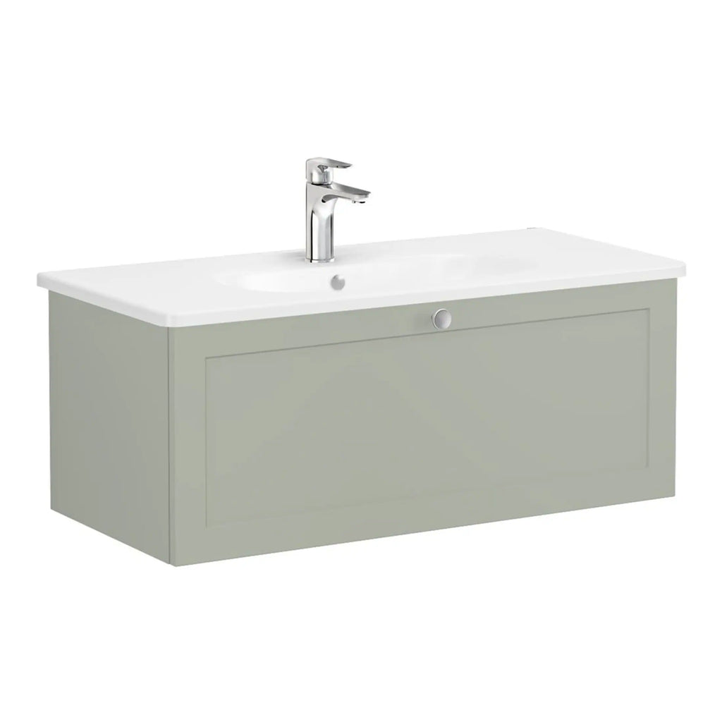Sleek modern bathroom vanity with integrated sink and chrome tap, perfect for contemporary bathrooms, offering stylish storage and functionality.