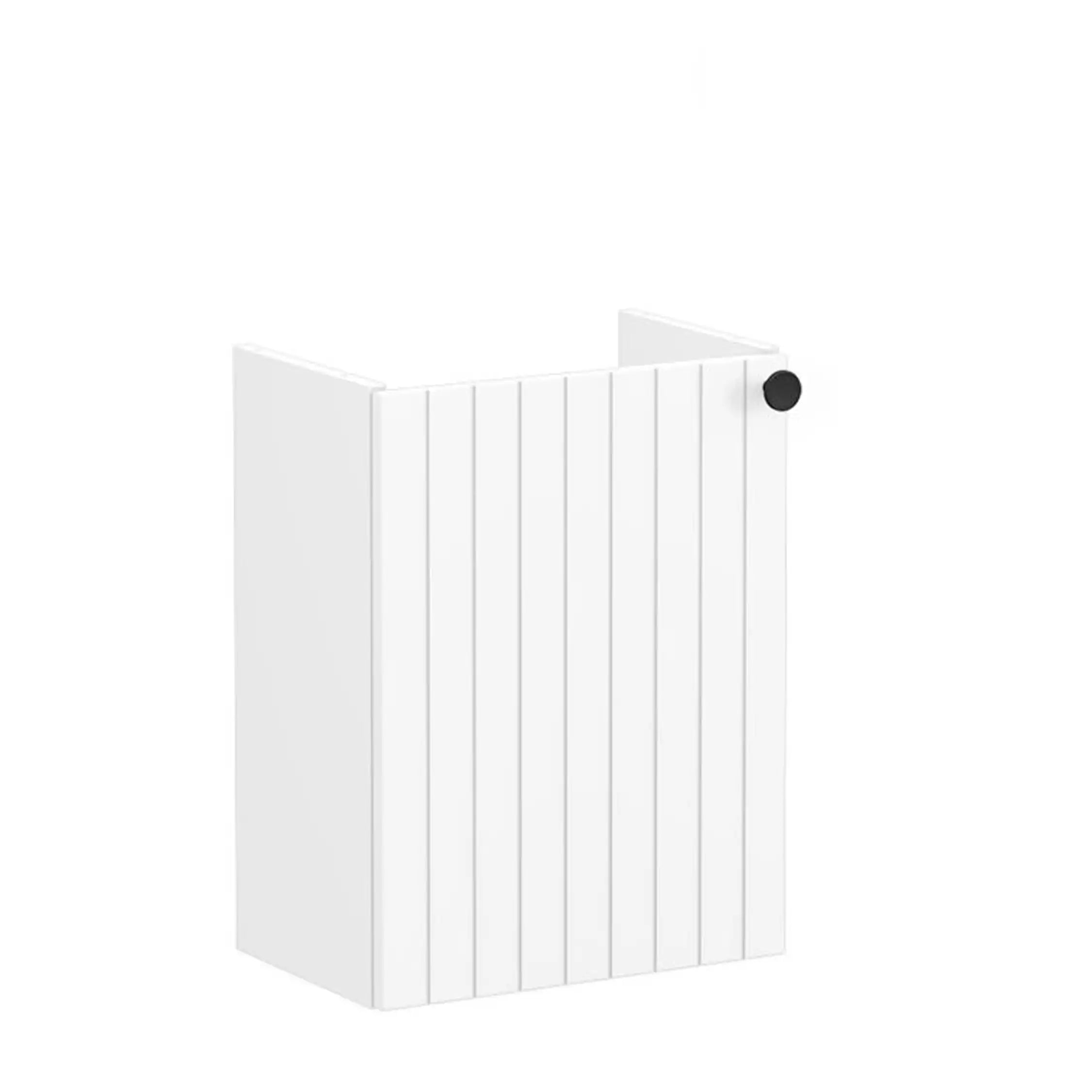 Modern white vertical radiator with black control valve for contemporary bathroom heating solutions.