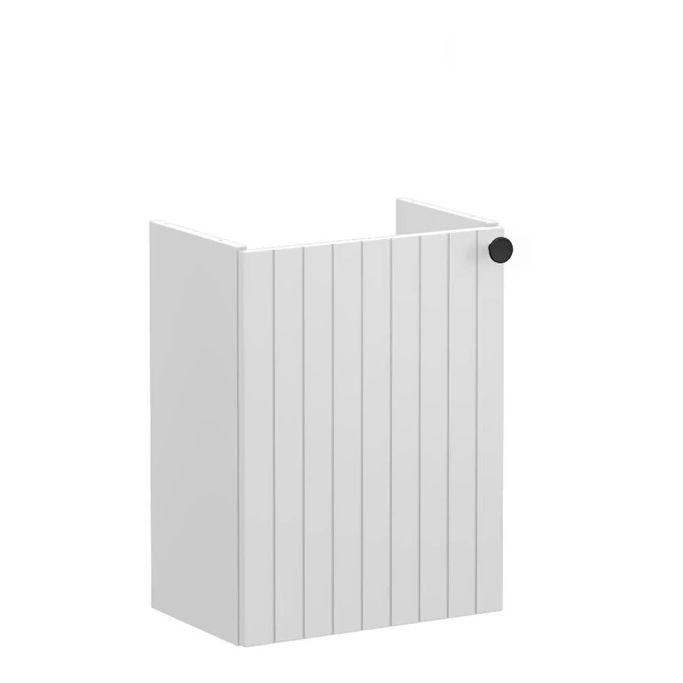 White wooden bathroom radiator panel with vertical slats and black mounting brackets for modern bathroom heating solutions.