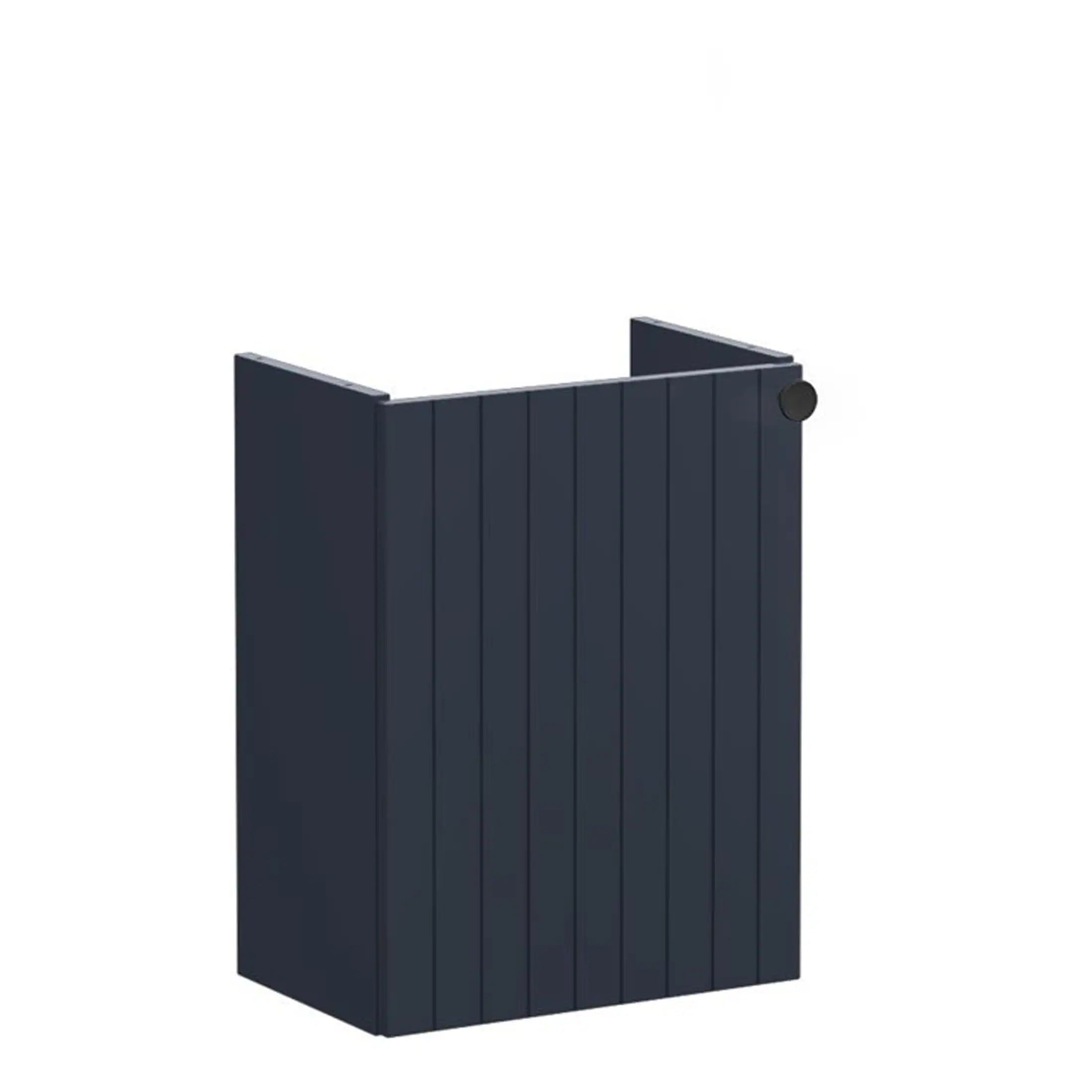 Clean navy blue outdoor bathroom privacy screen with vertical wooden slats, ideal for modern garden or patio settings. Durable design for privacy and stylish outdoor decor.