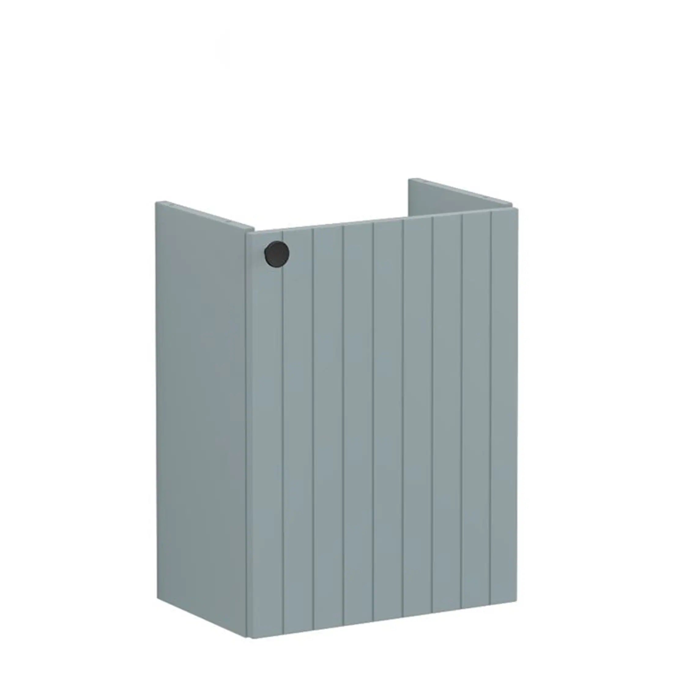Light grey outdoor shower cubicle with vertical slatted panels and circular access vent, perfect for modern patio or garden bathrooms. Durable waterproof design by Bubly Bathrooms.